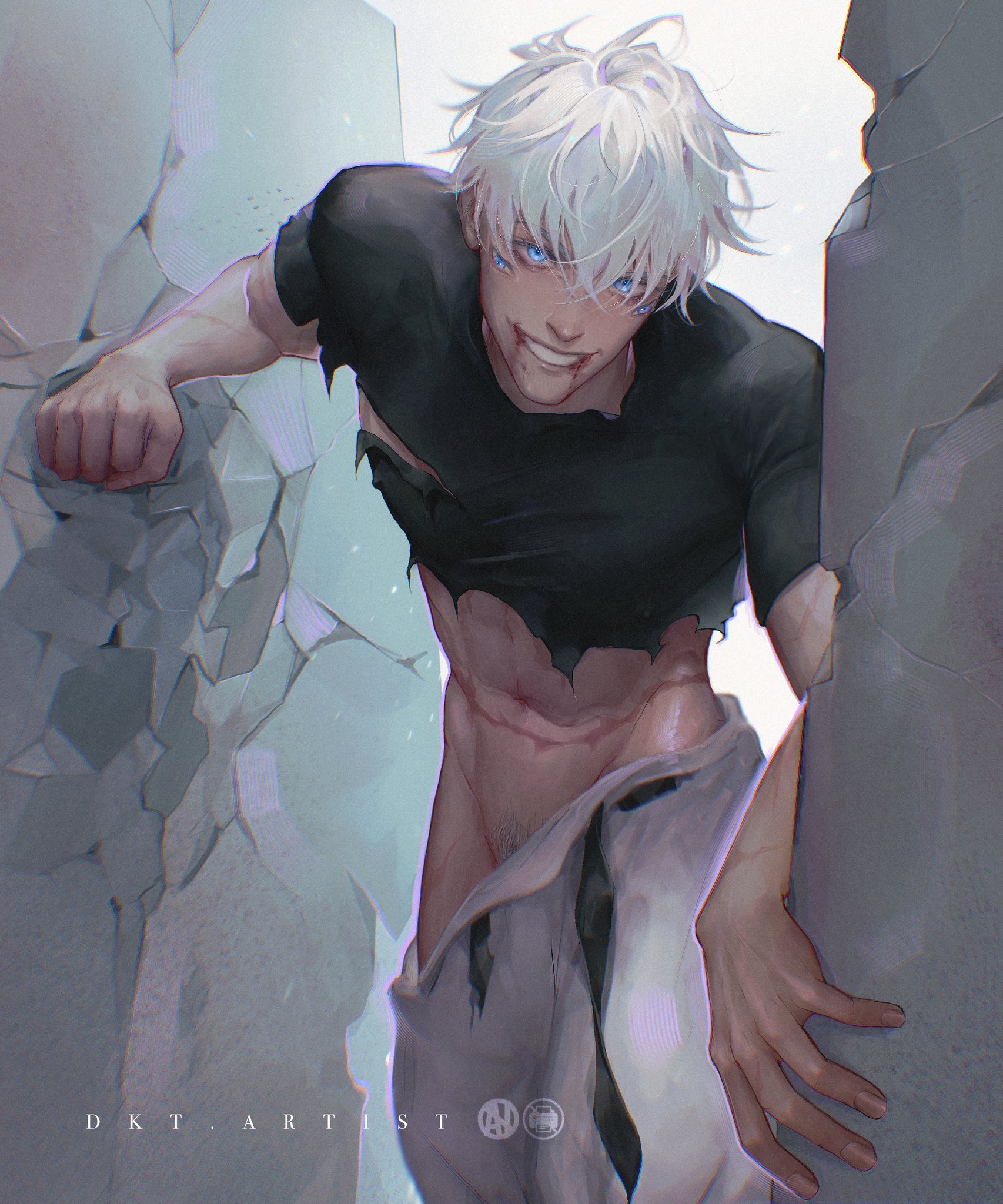 1boy, blood, blue eyes, cracked wall, dkt (artist), jujutsu kaisen, leaning forward, leaning on wall, looking at viewer, male, male only, multi eye, pants, pants down, pubic hair, satoru gojo, scars, seductive look, smile, torn clothes, torn clothing, twitter username, white hair
