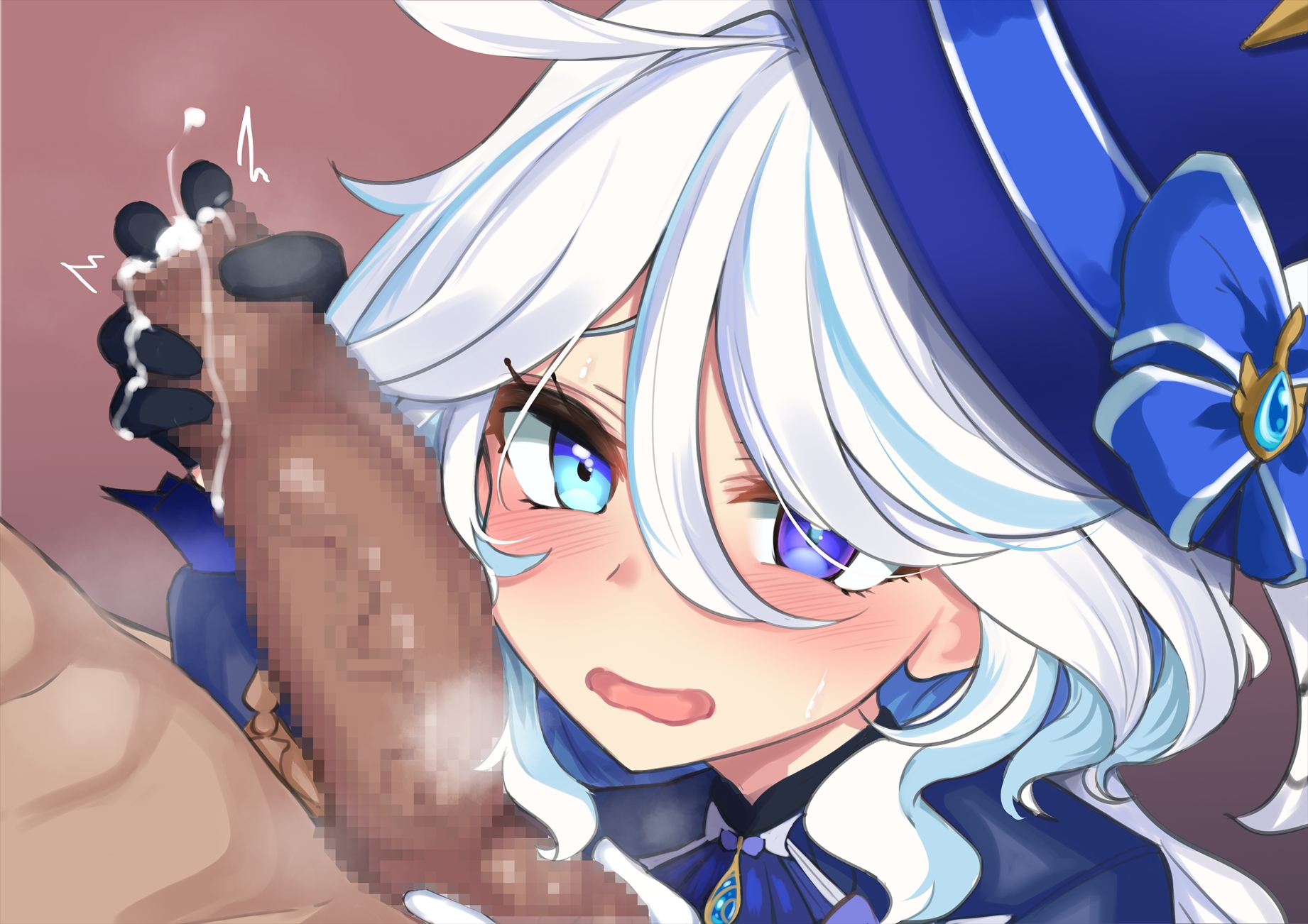 1girls, blue eyes, blush, censored, clothing, cum, dark penis, dark-skinned male, female, furina (genshin impact), genshin impact, gloved handjob, handjob, hat, male, open mouth, penis, penis on face, solo, white hair