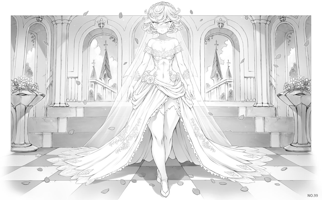 1girls, black and white, blush, breasts, curly hair, female, looking at viewer, mogudan, monochrome, one-punch man, tatsumaki, thighhighs, thighs, wedding dress