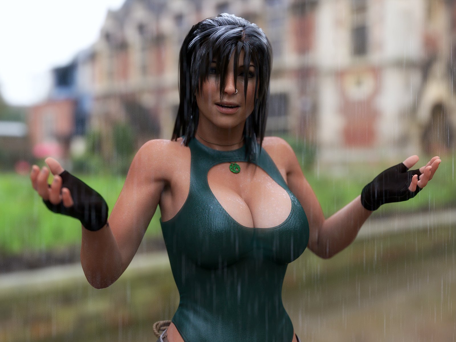 1girls, 3d, big breasts, breasts, brown eyes, brown hair, busty, cleavage, cleavage cutout, cleavage overflow, cleavage window, female, female focus, female only, fingerless gloves, hourglass figure, lara croft, lara croft (survivor), leotard, long hair, necklace, nose piercing, piercing, pinup, pinup pose, rain, raining, solo, solo female, tomb raider, tomb raider (survivor), wet, wet body, wet clothes, wet skin, word2