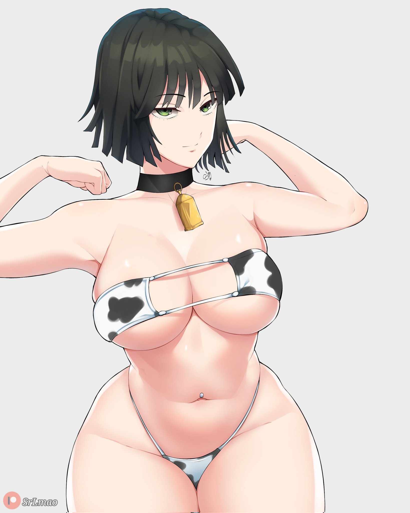 1girls, big breasts, bikini, bikini bottom, bikini top, bottomwear, breasts, cleavage, cow print, cow print bikini, cowbell, dark green hair, eyepatch bikini, female, female only, fubuki (one-punch man), green eyes, green hair, hips, huge breasts, neckwear, one-punch man, short hair, smile, solo, solo female, srlmao, swimwear, thick thighs, thighs, topwear, wide hips
