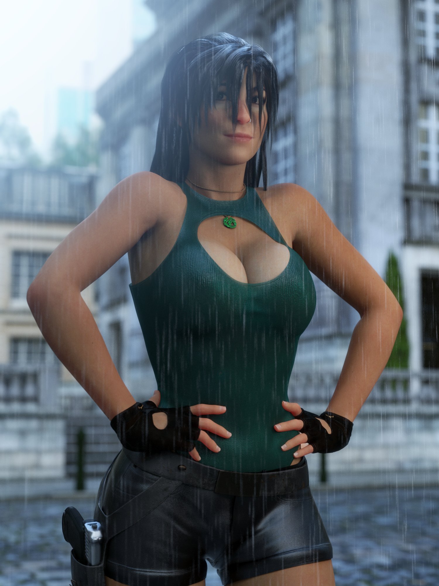 1girls, 3d, big breasts, breasts, brown eyes, brown hair, busty, cleavage, cleavage cutout, cleavage overflow, cleavage window, female, female focus, female only, fingerless gloves, hands on hips, holster, hourglass figure, lara croft, lara croft (survivor), leotard, long hair, necklace, nose piercing, piercing, pinup, pinup pose, pistol, rain, raining, short shorts, solo, solo female, thigh holster, tomb raider, tomb raider (survivor), wet, wet body, wet clothes, wet skin, word2