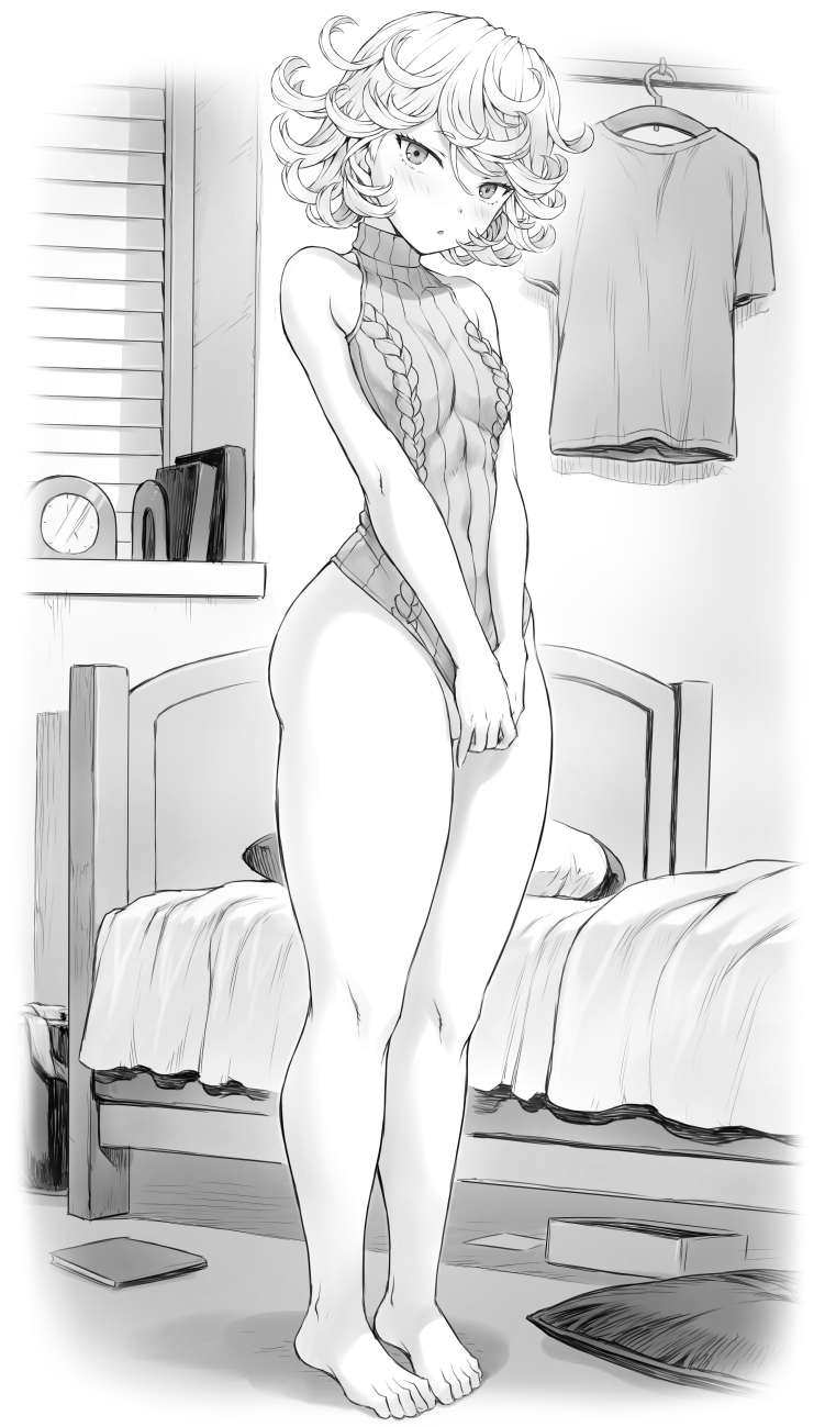 1girls, black and white, blush, breasts, curly hair, female, mogudan, monochrome, naked from the waist down, one-punch man, tatsumaki, thick thighs, thighs