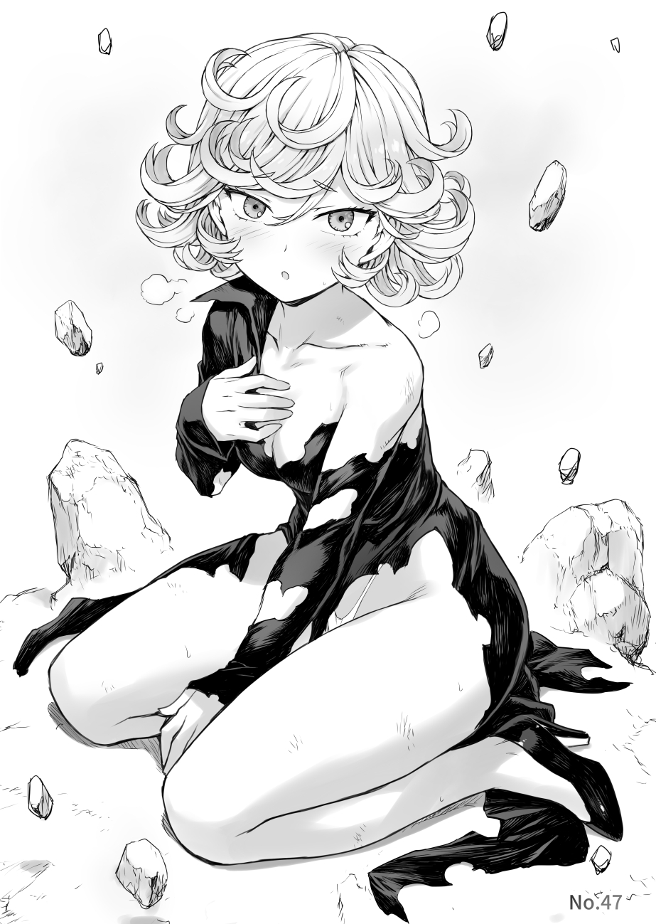 1girls, black and white, blush, breasts, curly hair, female, looking at viewer, mogudan, monochrome, one-punch man, panties, tatsumaki, thick thighs, thighs, tongue, tongue out