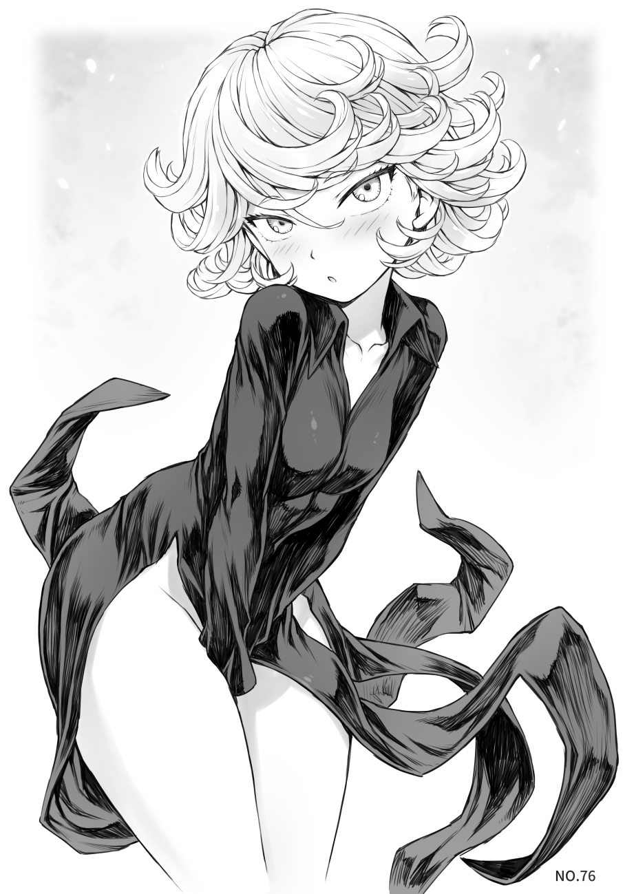 1girls black_and_white blush breasts curly_hair looking_at_viewer mogudan monochrome one-punch_man tatsumaki thick_thighs thighs