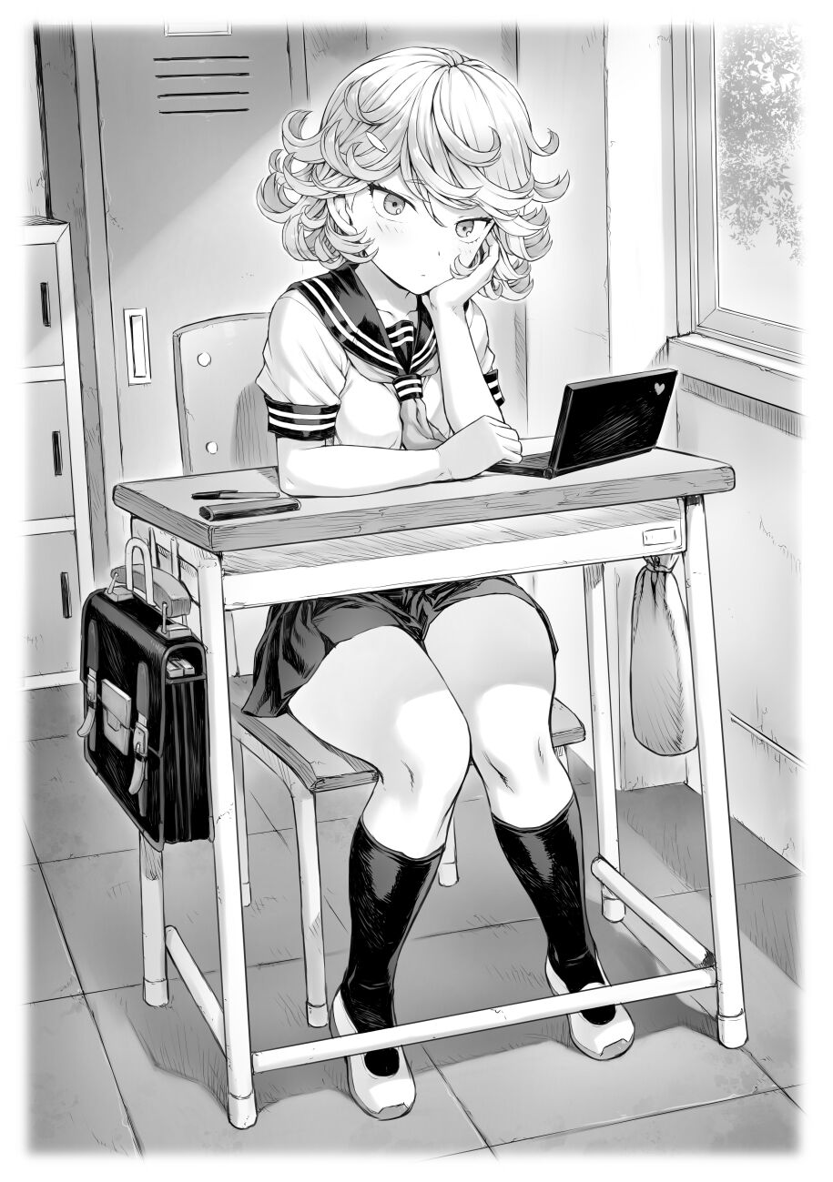 1girls black_and_white blush curly_hair desk looking_at_viewer mogudan monochrome one-punch_man school_uniform schoolgirl tatsumaki thick_thighs thighhighs thighs