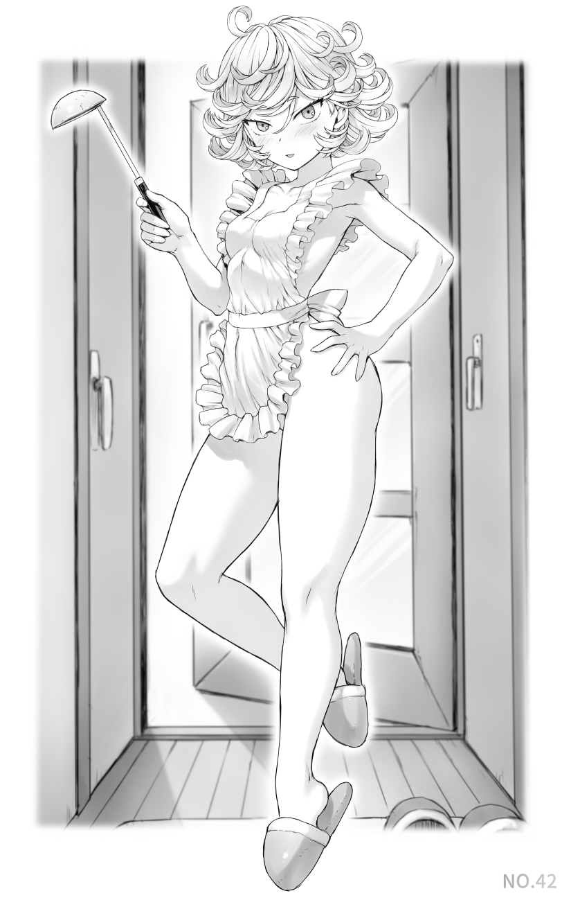 1girls, apron, bare legs, black and white, blush, curly hair, female, looking at viewer, mogudan, monochrome, one-punch man, slippers, tatsumaki, thighs