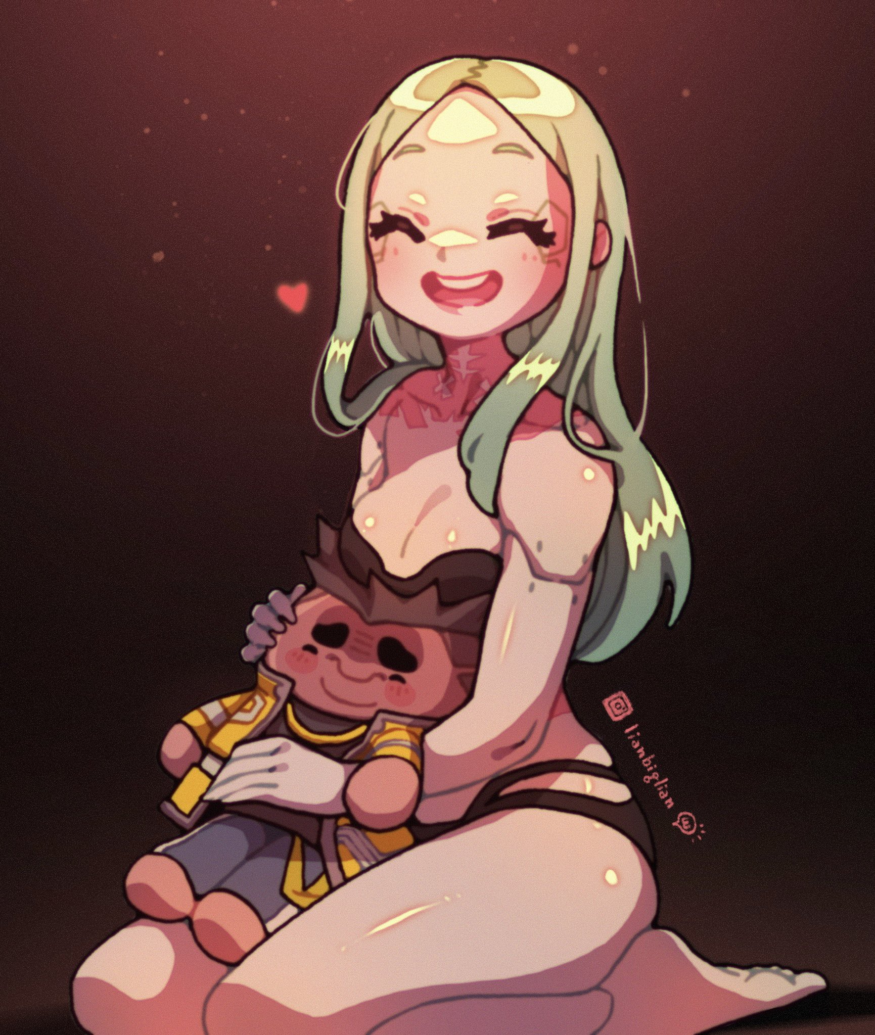 1boy, 1girls, barefoot, big breasts, breasts, cd projekt red, cleavage, cyberpunk: edgerunners, david martinez (edgerunners), doll, feet, female, lianbiglian, male, rebecca (edgerunners), smile, solo, studio trigger, wholesome