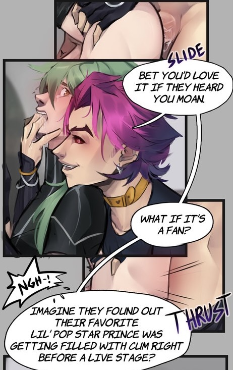 anal sex, bathroom, blush, cum, cum inside, dialogue, erection, ezreal, finger in mouth, gay, green hair, heartsteel ezreal, heartsteel kayn, heartsteel series, kayn, league of legends, male, male only, penetration, pink hair, saliva, yaoi