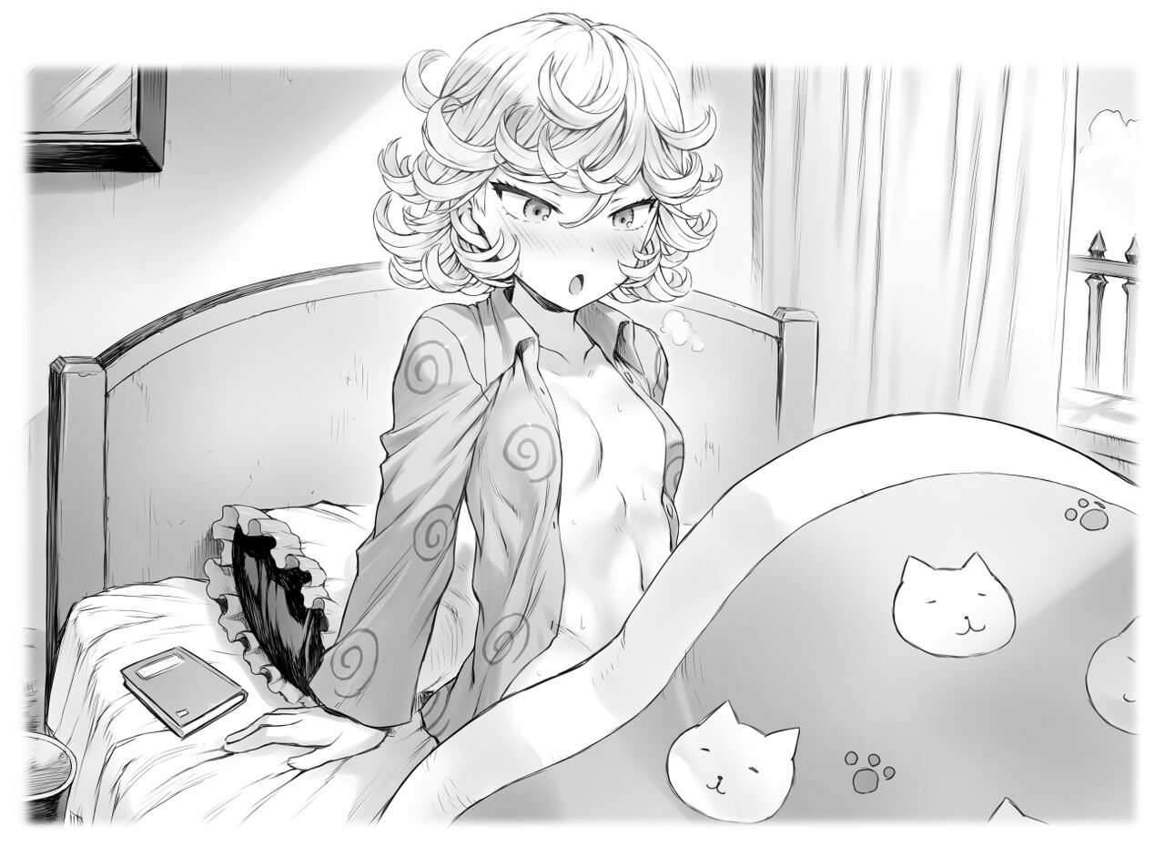 1girls, bed, bedroom, black and white, blush, breasts, curly hair, female, mogudan, monochrome, one-punch man, open clothes, small breasts, tatsumaki