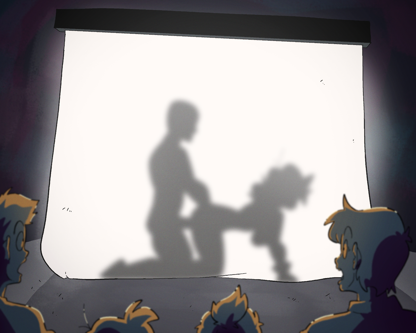 1boy, 1girls, crowd watching, doggy style, exhibition, exhibitionism, female, lucia (scott malin), male, original, original character, pussy, scott malin, shadow show, silhouette, vaginal sex