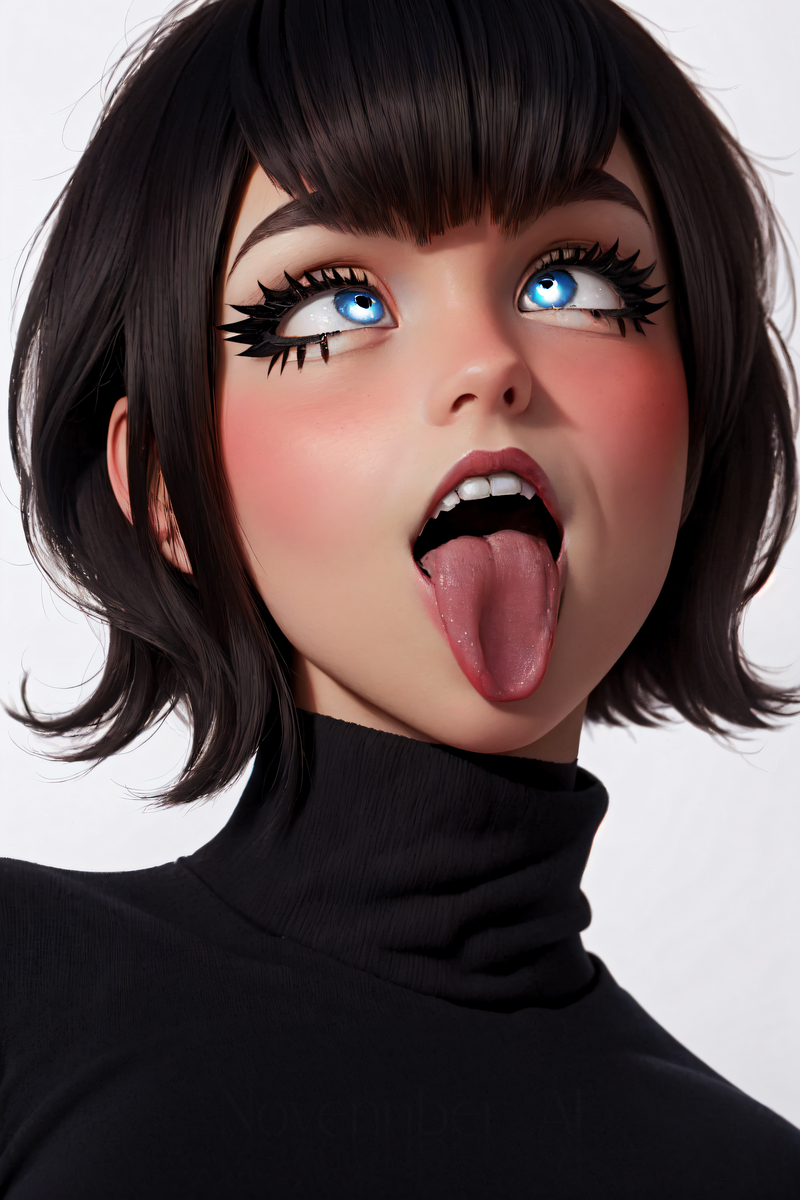 1girls, ahe gao, ahegao, ahegao face, ai generated, black hair, black lipstick, blue eyes, clothing, cute, cute face, dark hair, disney, emo, eyebrows, eyelashes, female, fringe, glowing eyes, goth, goth girl, gothic, hotel transylvania, hotel transylvania: the series, lipstick, looking up, mavis dracula, mind break, mouth fetish, narrowed eyes, open mouth, oral, pale-skinned female, petite, purapura, sharp teeth, short hair, skinny, slim, small fringe, solo, sony corporation, sony pictures animation, teenager, teeth, tongue, tongue out, turtleneck, vampire, vampire girl, white background