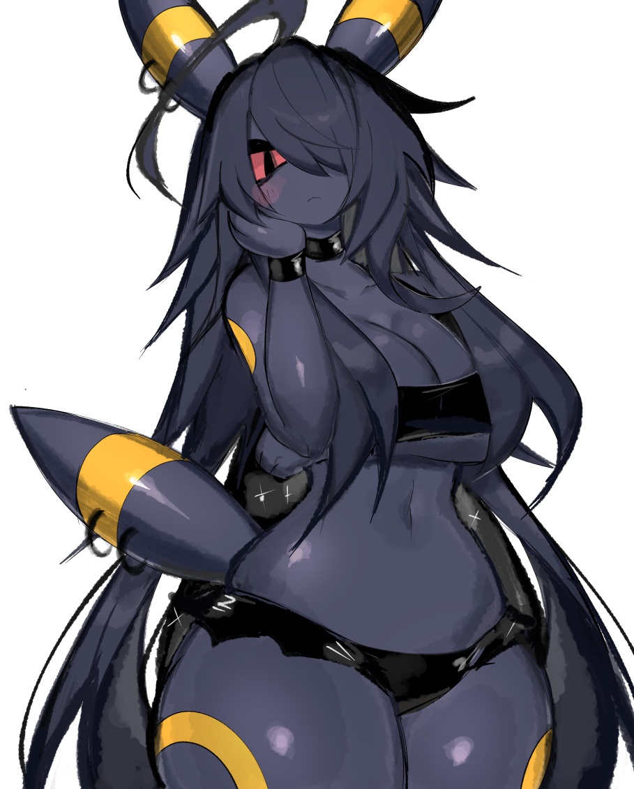 anthro, anthrofied, big breasts, big thighs, black body, black hair, blush, breasts, cleavage, clothed, clothing, eeveelution, female, fur, furry, furry only, huge breasts, huge thighs, long hair, looking at viewer, nintendo, pokemon, pokemon (species), red eyes, solo, tail, thick hips, thick thighs, thighs, umbreon, usa37107692, white background, wide hips