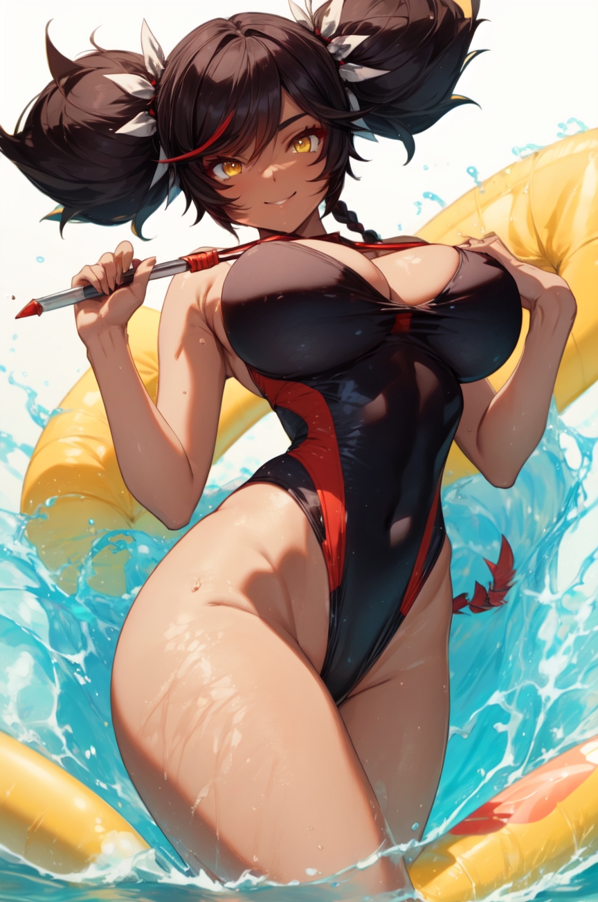 1girls, ai generated, big breasts, big thighs, breasts, dark skin, dark-skinned female, female, female only, genshin impact, huge thighs, large thighs, swimsuit, thick thighs, thighs, voluptuous, xinyan (genshin impact), zaychik (artist)