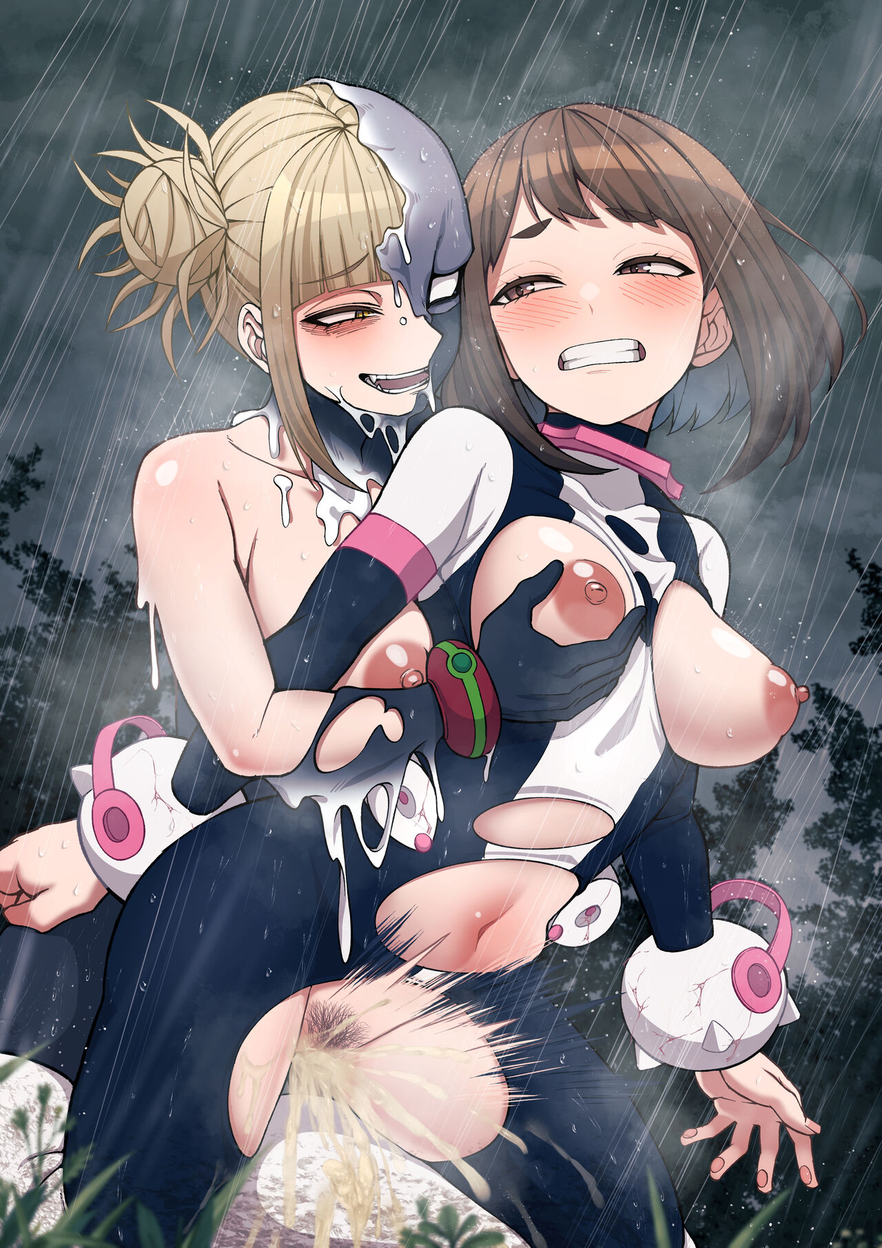 1futa, 1girls, blonde futa, blonde hair, blush, breasts, breasts out, brown hair, clenched teeth, cum, cum inside, female, from behind, from behind position, futa on female, futanari, hero outfit (mha), himiko toga, intersex, kobaji, medium breasts, my hero academia, nipples, ochako uraraka, ochako uraraka (hero outfit), pubic hair, pussy, quirk (mha), quirk usage, raining, source request, tagme, torn clothes, wet skin