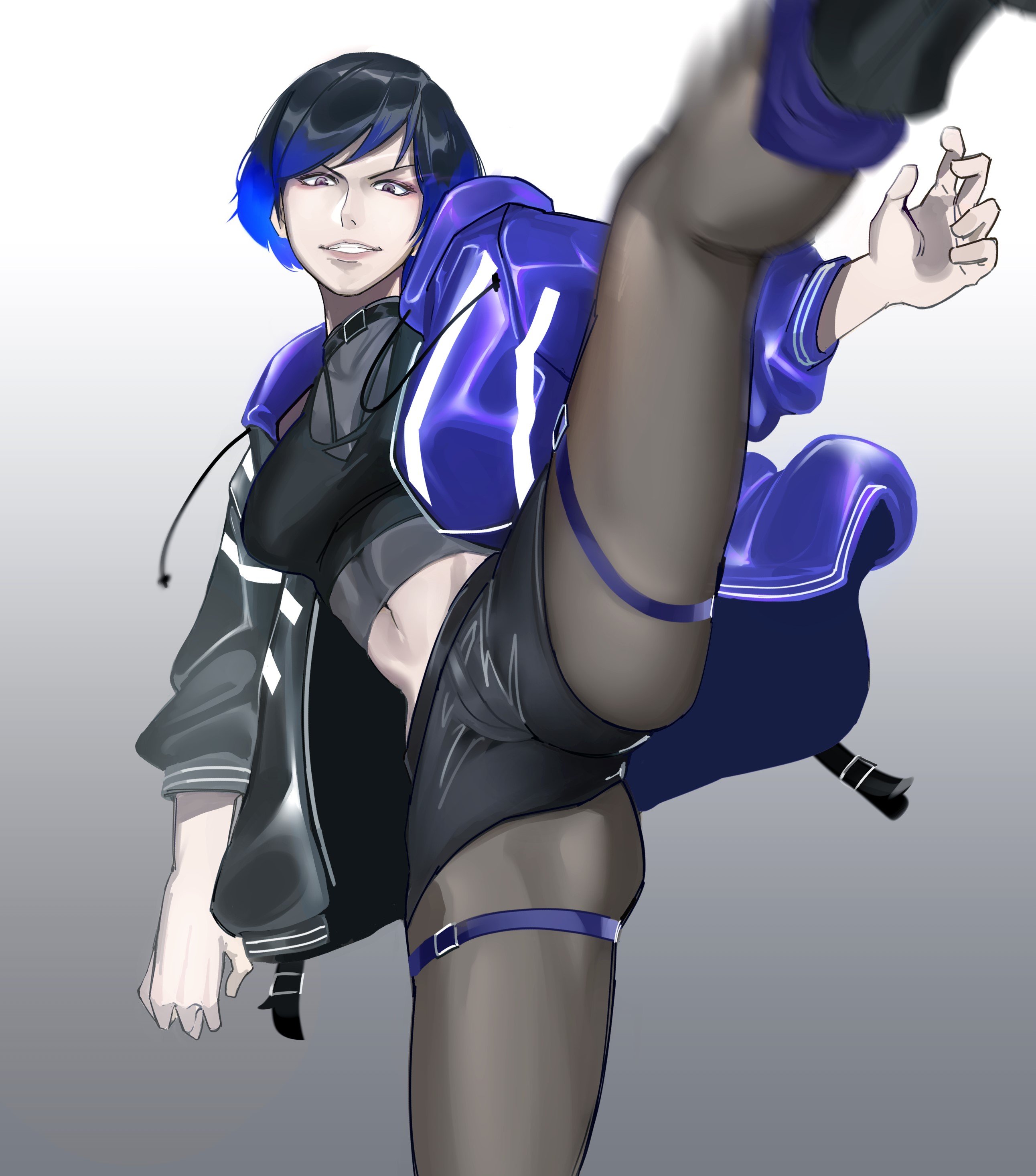 1girls, 2d, 2d (artwork), black pantyhose, cameltoe, female, female only, flexible, fully clothed, grey background, high kick, hkart, kick, kicking, looking at viewer, low-angle view, namco, pantyhose, pussy, questionable, reina mishima, simple background, solo, tekken, tekken 8, upskirt