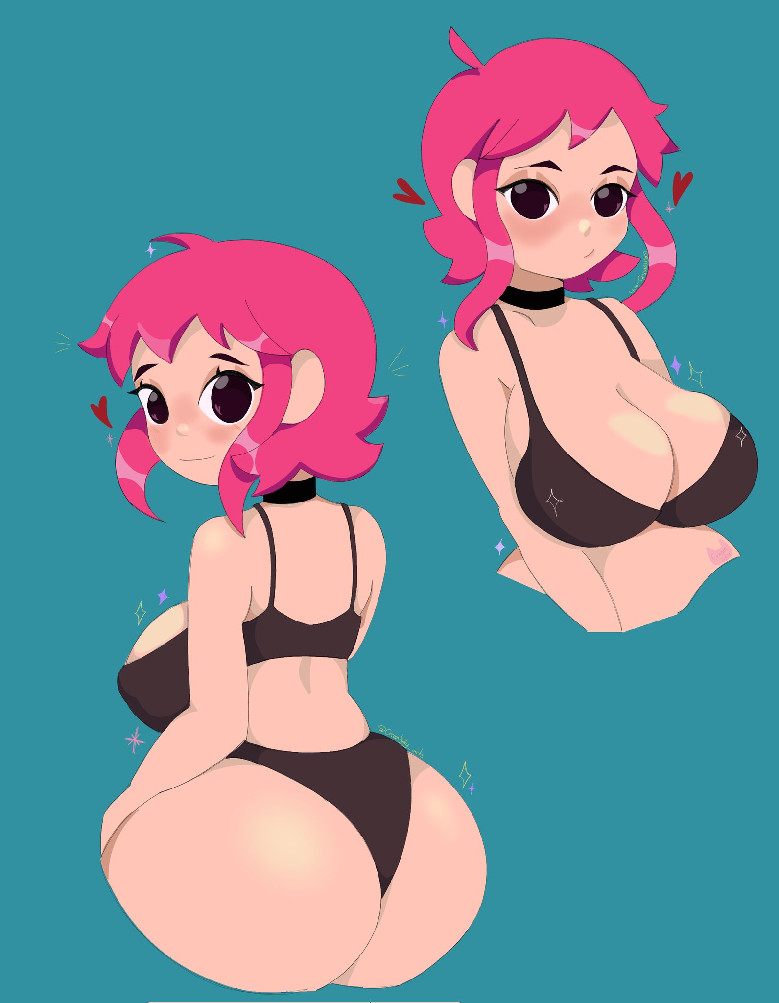 1girls, ass, big ass, big breasts, big thighs, black bra, black panties, blush, bra, breasts, cream kitty, cute, female, heart, huge ass, looking at viewer, panties, pink hair, ramona flowers, scott pilgrim, thick thighs, thighs