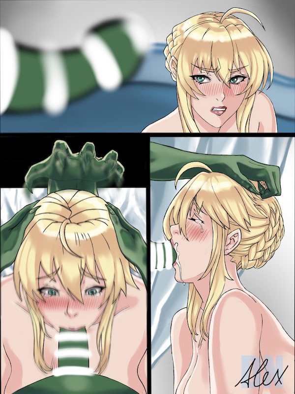 artoria pendragon, artoria pendragon (fate), artoria pendragon (lancer), big breasts, blonde hair, bondage, breasts, censored, defeat, defeated, defeated heroine, fate (series), fate/grand order, female, femsub, goblin, goblin male, green eyes, green skin, green-skinned male, hanging breasts, huge breasts, interspecies, leotard, light skin, light-skinned female, male, maledom, nipples, slave, slave girl, small dom big sub