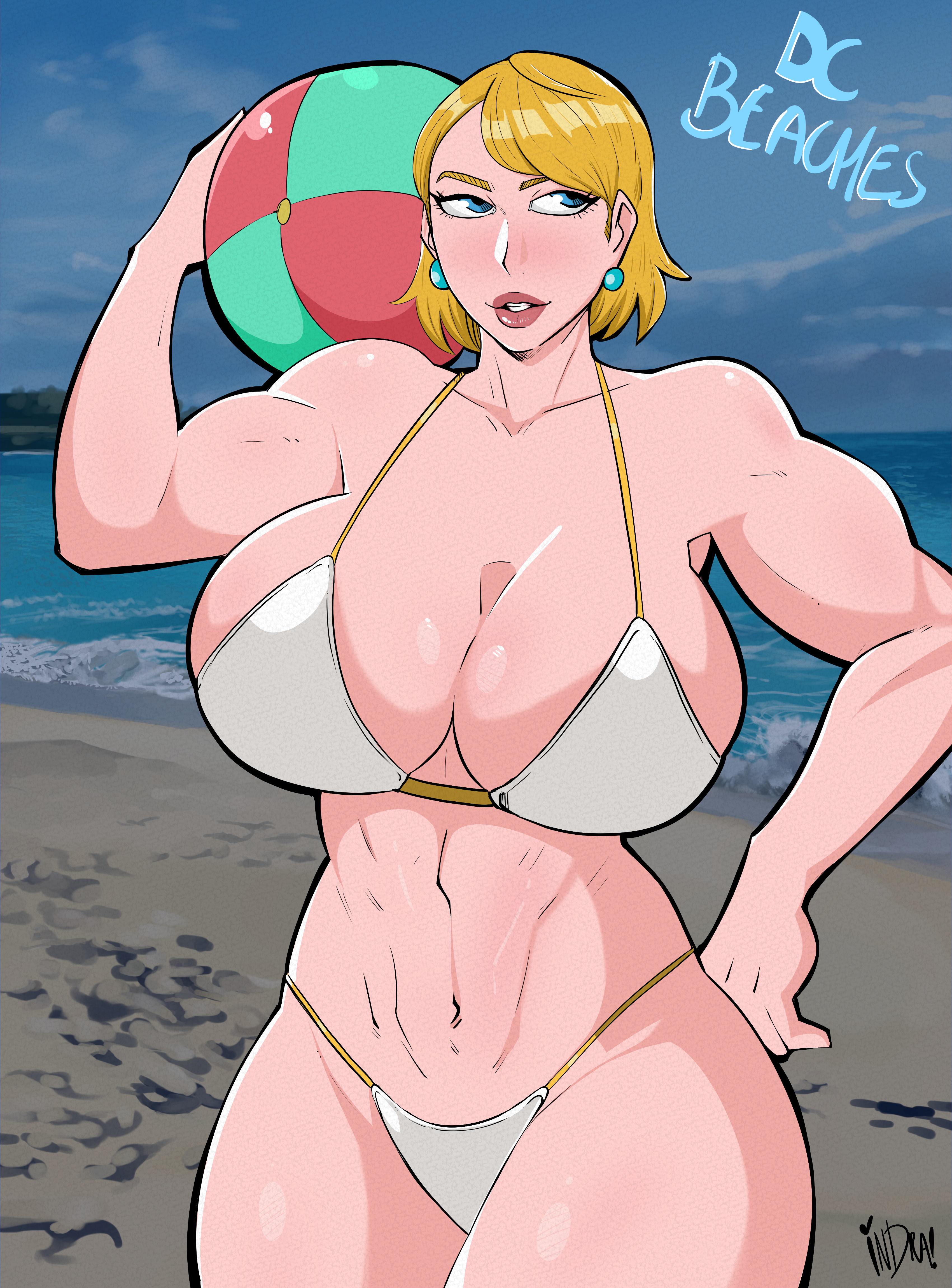 1girls, alternate breast size, beach, beach ball, big breasts, bikini, blonde hair, breasts, dc, dc comics, earrings, female, female only, huge breasts, indralvspaizuri, karen starr, large breasts, muscular, muscular female, pink nipples, power girl, short hair, signature, solo, superman (series), swimsuit, text, white bikini, white swimsuit