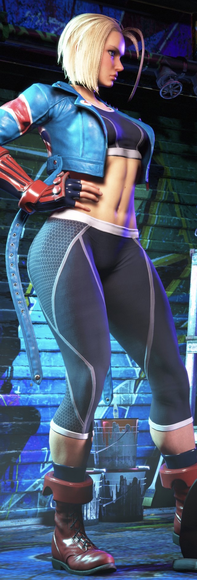 3d, 3d (artwork), blonde hair, cammy white, capcom, female, hand on hip, midriff, screencap, short hair, sports bra, street fighter, street fighter 6, strud