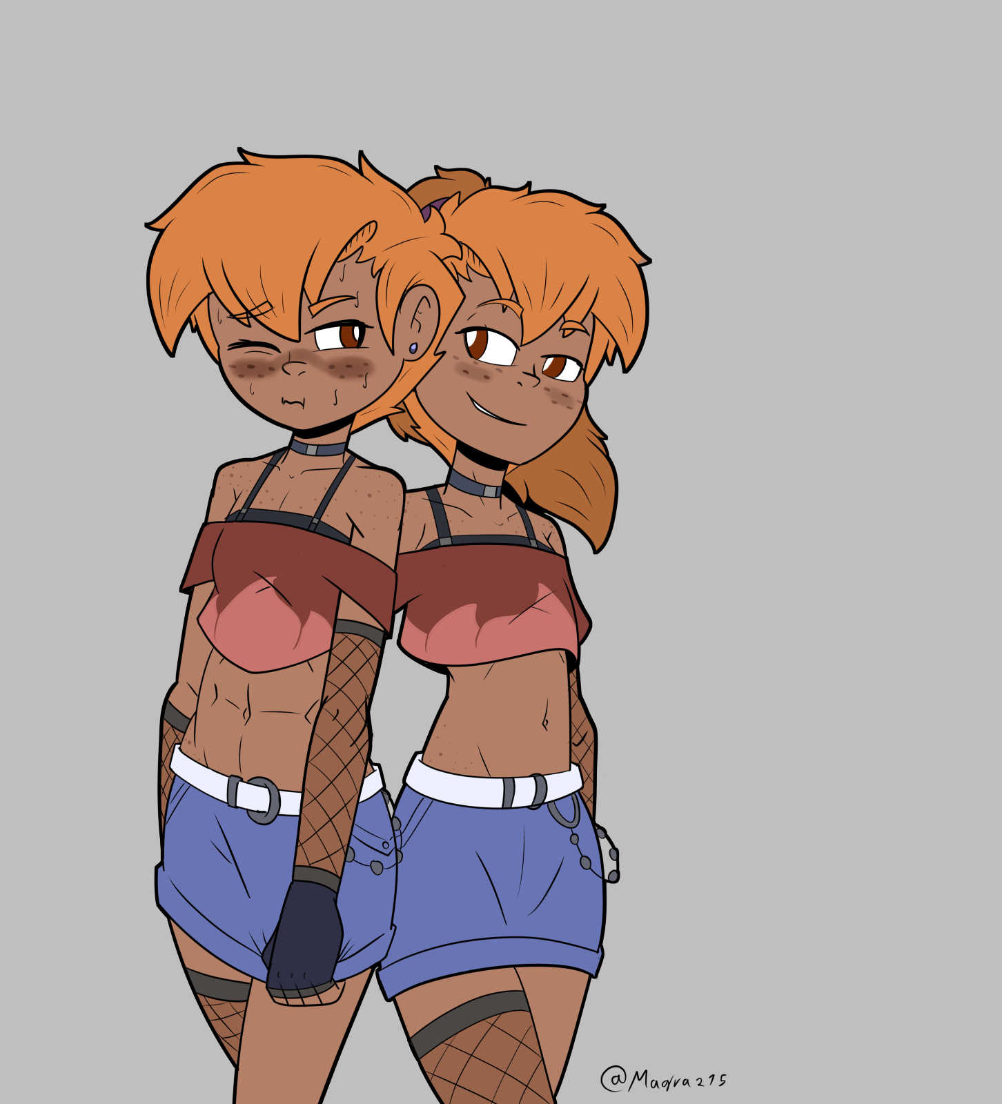 abs blush danny_(magra) davy_(magra) magra_(artist) orange_hair smirking tan_skin tomboy twins