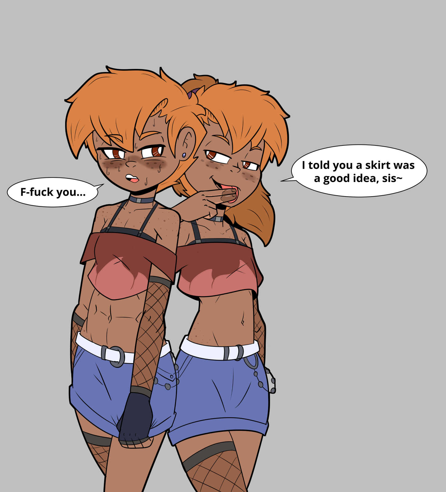 abs both_genders both_sexes_in_same_situation choker danny_(magra) davy_(magra) earring femboy licking_fingers long_hair magra_(artist) muscular_female orange_hair ponytail short_hair tan_skin text tomboy twins