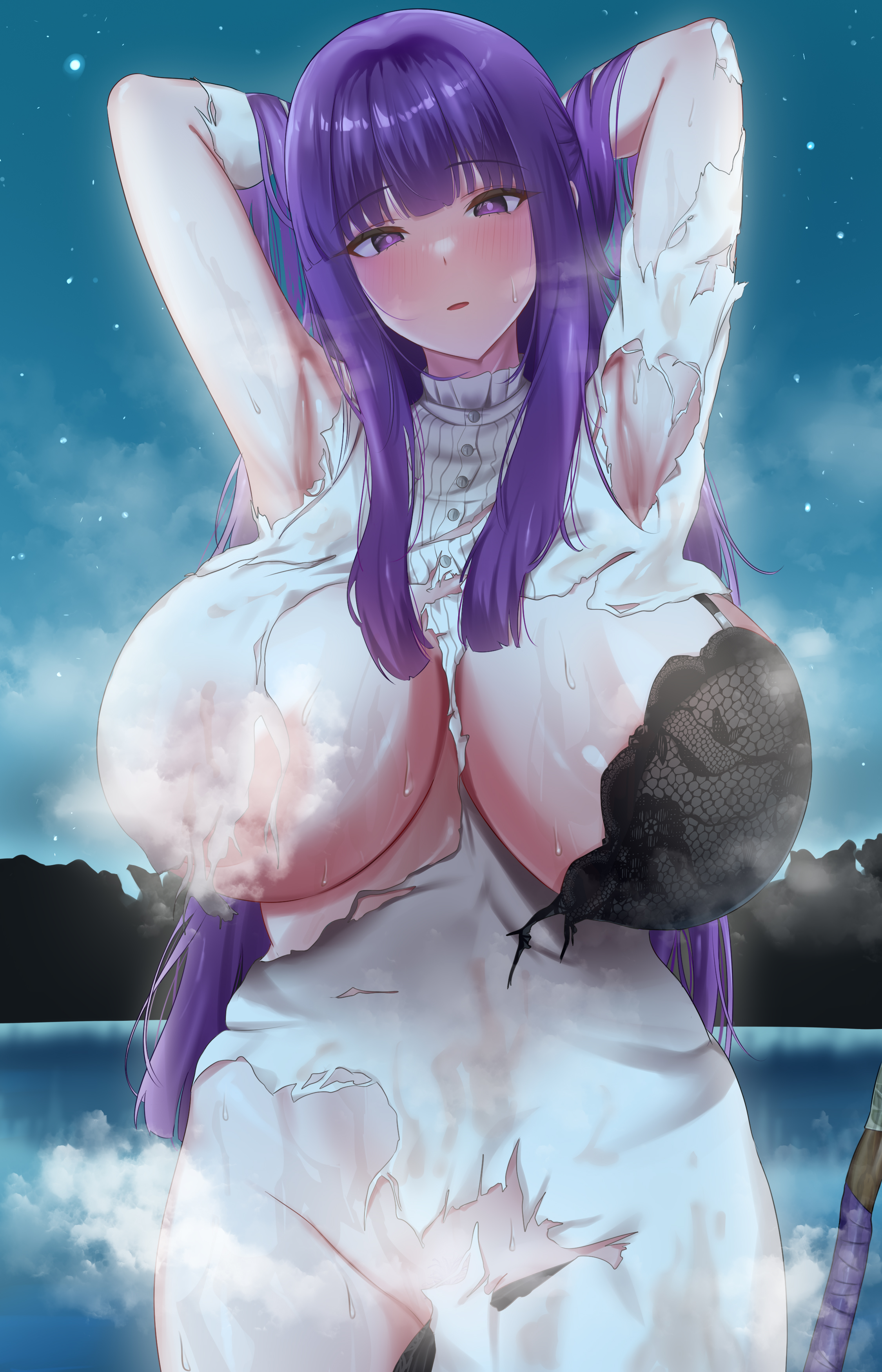 1girls, arms behind head, blunt bangs, bra, breasts, clothes dissolving potion, convenient censoring, female, fern (sousou no frieren), groin, hime cut, huge breasts, k 0art, lingerie, long hair, purple eyes, purple hair, sousou no frieren, steam, steam censor, torn clothes, underwear, voluptuous, wardrobe malfunction