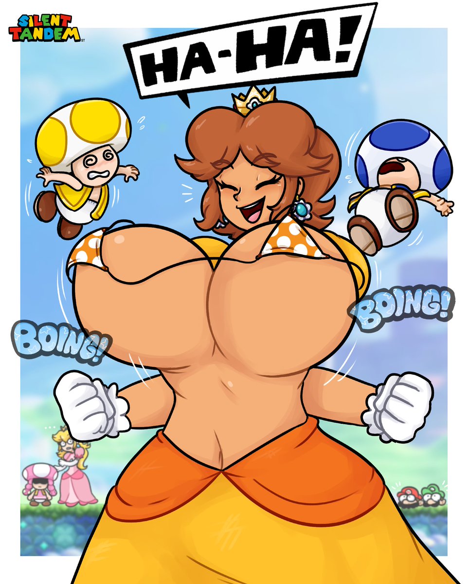 3girls 4boys big_breasts bikini bikini_top blue_toad bouncing_breasts breasts breasts_bigger_than_head brown_hair closed_eyes curvy dress earrings eyebrows_visible_through_hair female female_focus flower_earrings gloves happy huge_breasts jealous large_breasts light-skinned_male light_skin luigi male mario mario_(series) multiple_boys multiple_girls navel nintendo onomatopoeia open_mouth polka_dot_bikini polka_dot_bikini_top princess_daisy princess_peach shoulder_length_hair silenttandem smile standing super_mario_bros._wonder tan-skinned_female tan_skin text text_box thick thick_hips toad_(mario) toadette white_border white_gloves wide_hips yellow_dress yellow_toad