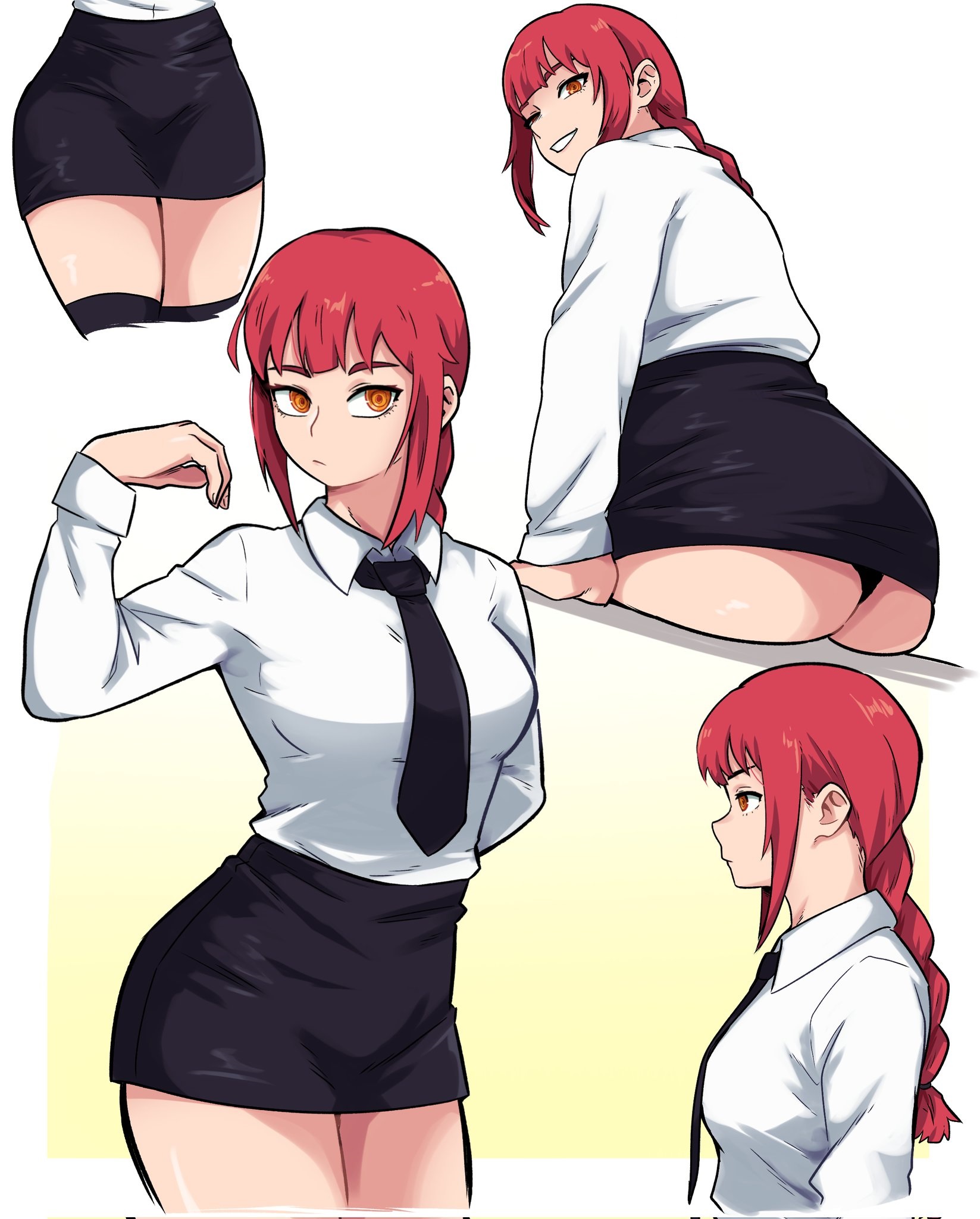 1girls, ass, ass shot, big ass, big breasts, black skirt, black thighhighs, bottomwear, braid, braided hair, breasts, chainsaw man, dashi art, female, female only, hips, huge ass, legwear, looking back, makima (chainsaw man), multiple views, necktie, pencil skirt, red hair, shirt, skirt, smile, solo, solo female, thick thighs, thighhighs, thighs, topwear, upskirt, white shirt, yellow eyes
