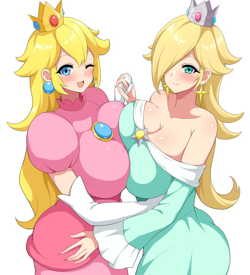 2girls 5_fingers aikome_(haikome) ass big_breasts blonde_hair blue_dress blue_eyes blue_hair blush breast_squish breast_to_breast breasts cleavage clothed clothing crown dress elbow_gloves female female_only gloves haikome hair hair_over_one_eye hand_on_hip hand_under_breasts holding_each_other holding_hands hug human interlocked_fingers jpeg large_breasts long_hair looking_at_viewer low_cut_dress mario_(series) multiple_girls nintendo no_bra open_mouth pearl_earrings pink_dress princess_dress princess_peach princess_rosalina shoulderless_dress simple_background smile standing star_earrings symmetrical_docking tight_clothing white_background wink winking_at_viewer yuri