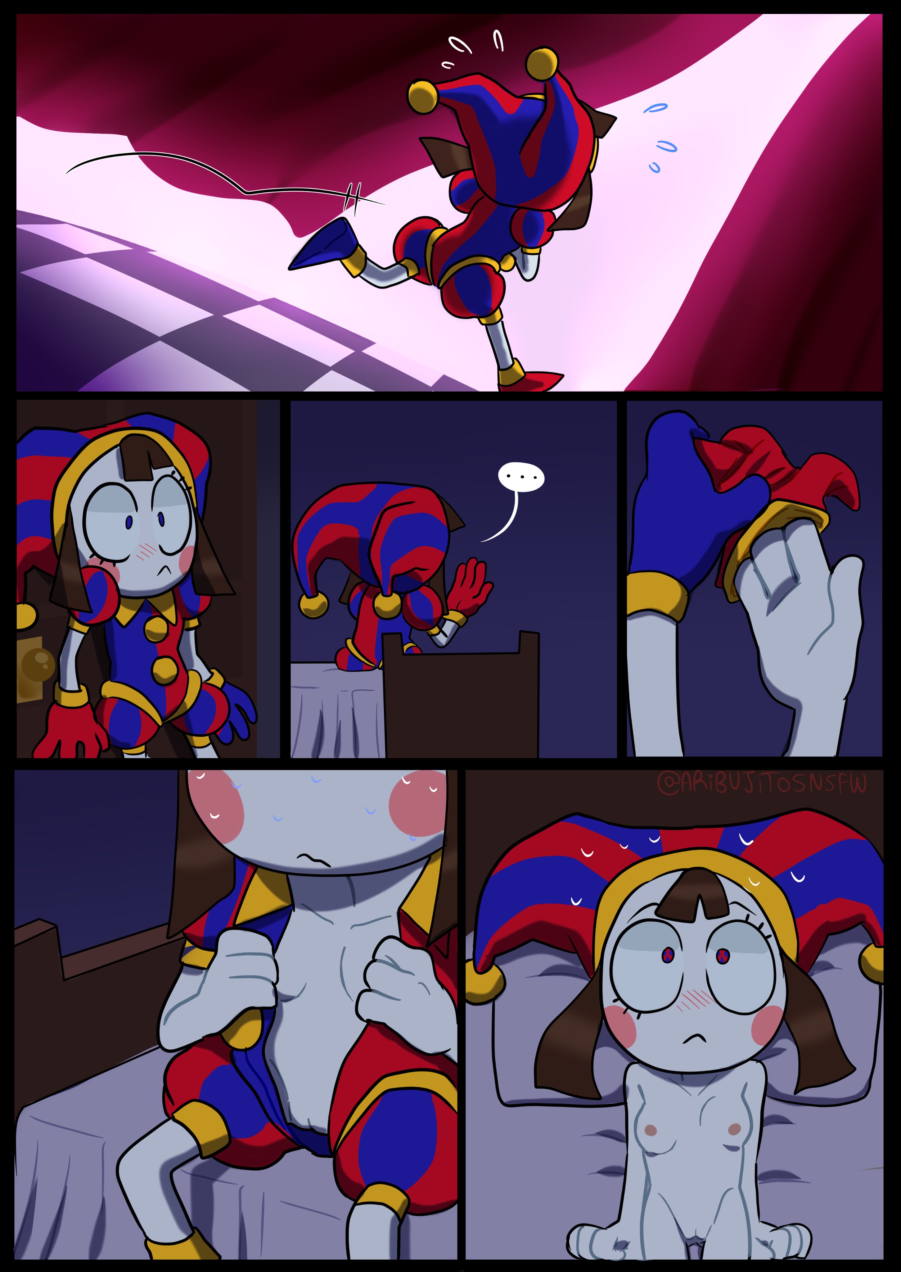 :<, 1girls, ari dibujitos, aribujitosnsfw, bangs, blush, blushing, boots, breasts, brown hair, cheek spots, clenched hands, closed mouth, clothed, clothes, clothing, collarbone, comic, curtains, door, eyelashes, female, flustered, glitch productions, gloves, groin, hat, hips, indoors, jester, jester costume, jester hat, jester outfit, legs, lying on back, medium hair, naked, nervous, nipples, nude, on back, on bed, pillow, pink nipples, pomni (the amazing digital circus), pussy, running, short hair, shy, sitting, sitting on bed, small breasts, smaller female, sweating, taking clothes off, the amazing digital circus, thin, undressing, wavy mouth, white body, white skin, wide eyed