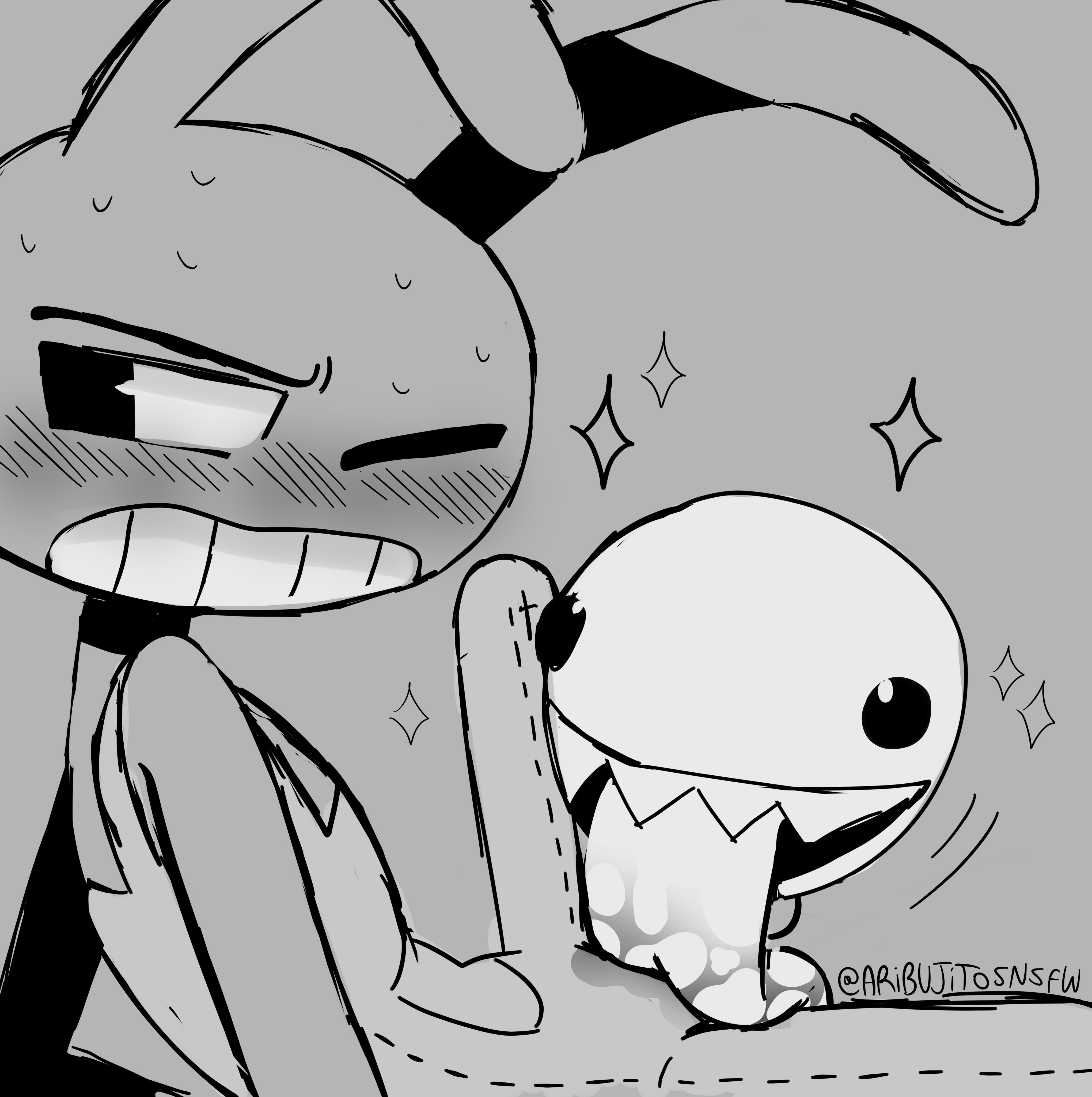 anthro, ari dibujitos, black and white, blush, bubble (the amazing digital circus), bunny, bunny ears, gay, glitch productions, gloves, jax (the amazing digital circus), licking penis, long tongue, looking to the side, male, male focus, penis, ripped clothing, saliva, sharp teeth, showing penis, sweat, sweatdrop, sweating, tagme, the amazing digital circus, tongue, tongue out