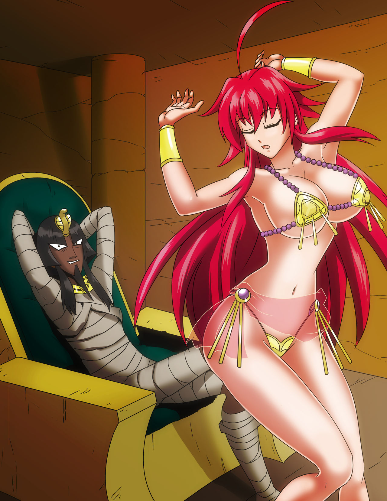 1boy 1boy1girl 1girls belly_dancer belly_dancer_outfit big_breasts dancer dancer_outfit dancing dark-skinned_male egyptian_clothes femsub harem_girl harem_outfit high_school_dxd huge_breasts older_dom_younger_sub pharaoh red_hair rias_gremory rias_gremory(belly_dancer) slave slave_outfit slavegirl submissive_female unas_(high_school_dxd) wadevezecha