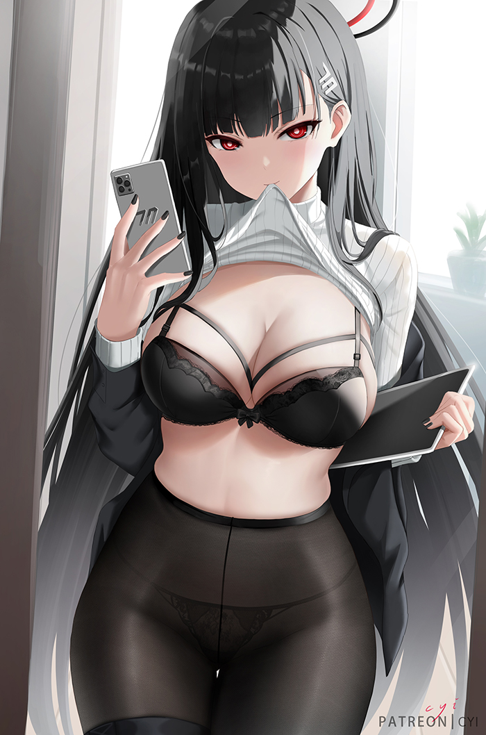 1girls black_hair black_panties black_pantyhose blue_archive blunt_bangs blush breasts cleavage cyicheng halo holding_head large_breasts long_hair looking_at_viewer millennium_science_school_logo_(blue_archive) millennium_science_school_student mouth_hold panties panties_under_pantyhose red_eyes rio_(blue_archive) seminar_(blue_archive) seminar_president smartphone solo