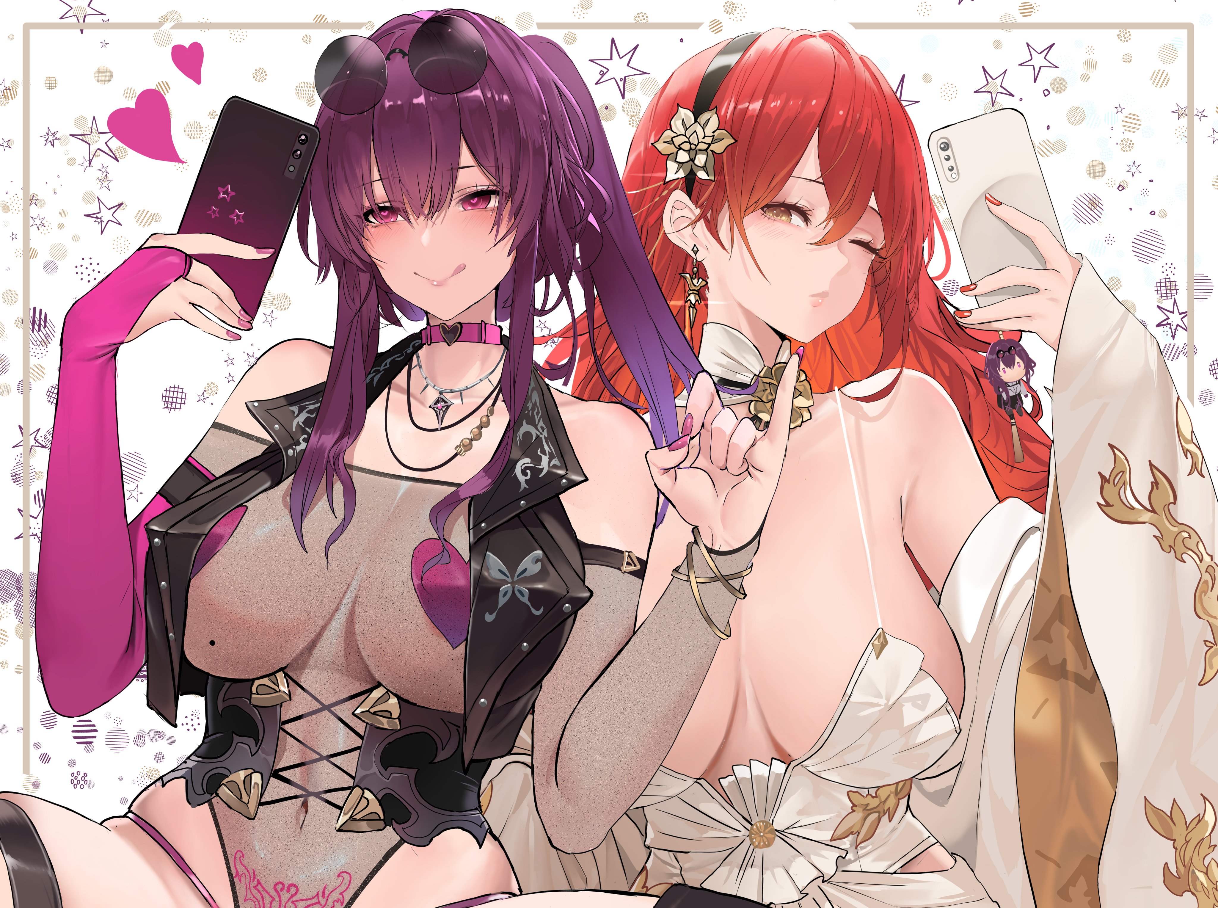 2girls, alternate breast size, alternate costume, big breasts, breasts, cleavage, deep cleavage, dishwasher1910, female, handjob gesture, heart symbol, himeko (honkai: star rail), honkai (series), honkai: star rail, huge breasts, kafka (honkai: star rail), light skin, light-skinned female, long hair, naughty face, pasties, posing, posing for picture, purple hair, red hair, selfie, thick thighs, tongue out, wide hips, winking, winking at viewer, womb tattoo