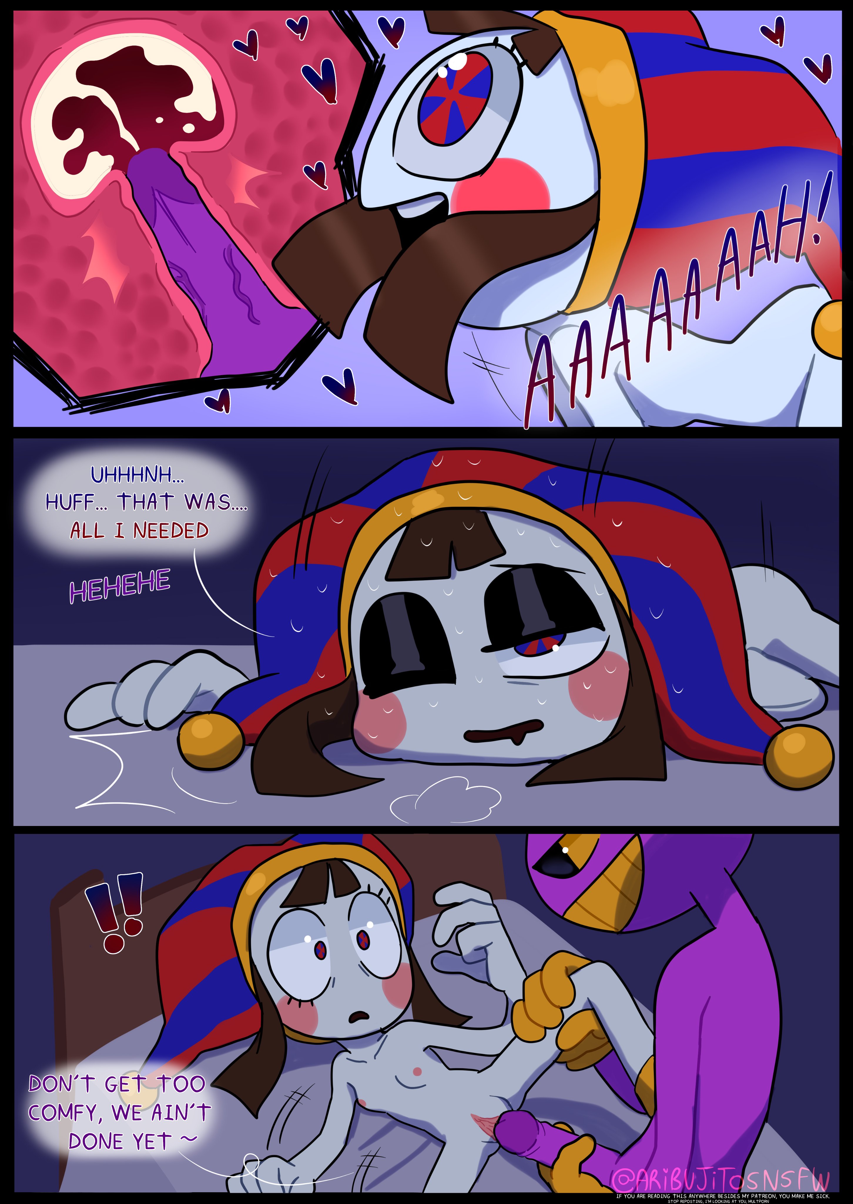 anthro, ari dibujitos, aribujitosnsfw, blush, breasts, brown hair, bunny, bunny ears, comic, cum, cum in pussy, cum in uterus, cum inside, dialogue, eating pussy, female, glitch productions, gloves, heart, jax (the amazing digital circus), jester, jester costume, jester hat, jester outfit, licking pussy, male, moaning, naked, nipples, nude, penetration, penis, penis in pussy, pleasure face, pomni (the amazing digital circus), purple body, purple penis, pussy, short hair, small breasts, smaller female, straight, text, the amazing digital circus, white body, x-ray, yellow eyes, yellow mouth