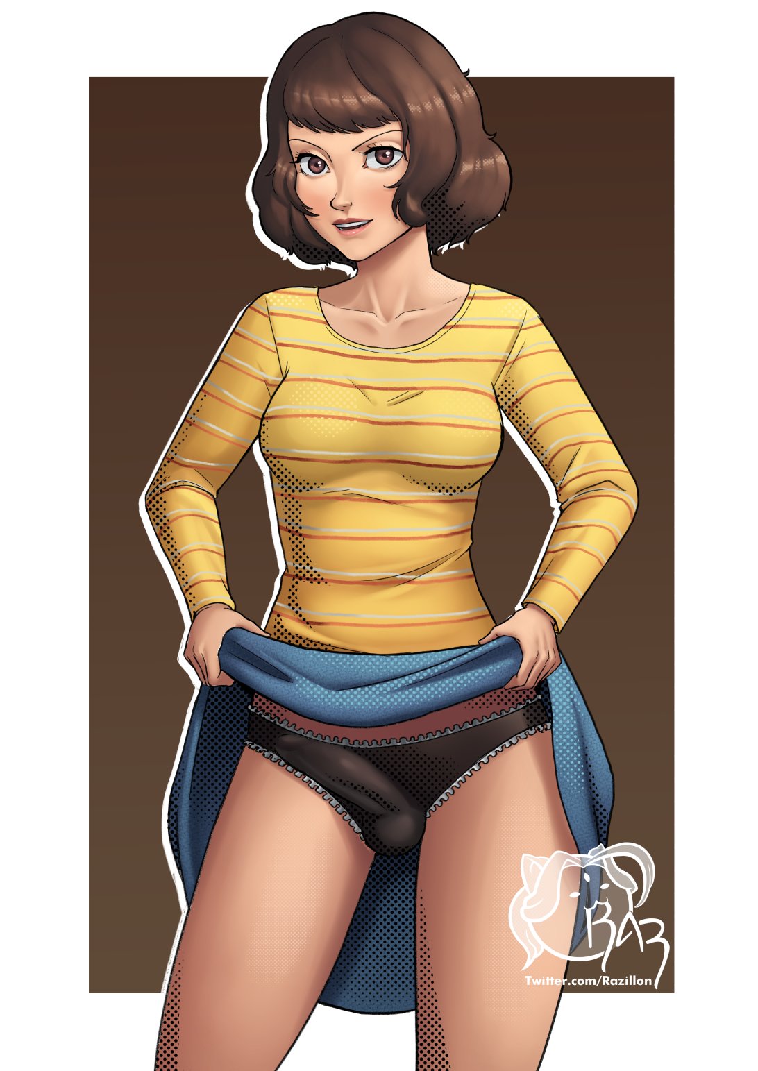 1futa atlus balls ballsack brown_eyes brown_hair bulge erect_penis erection erection_in_panties erection_under_clothes frilled_panties futa_only futanari lifting_skirt looking_at_viewer medium_breasts older_female penis persona persona_5 razillon sadayo_kawakami sega teacher thighs watermark