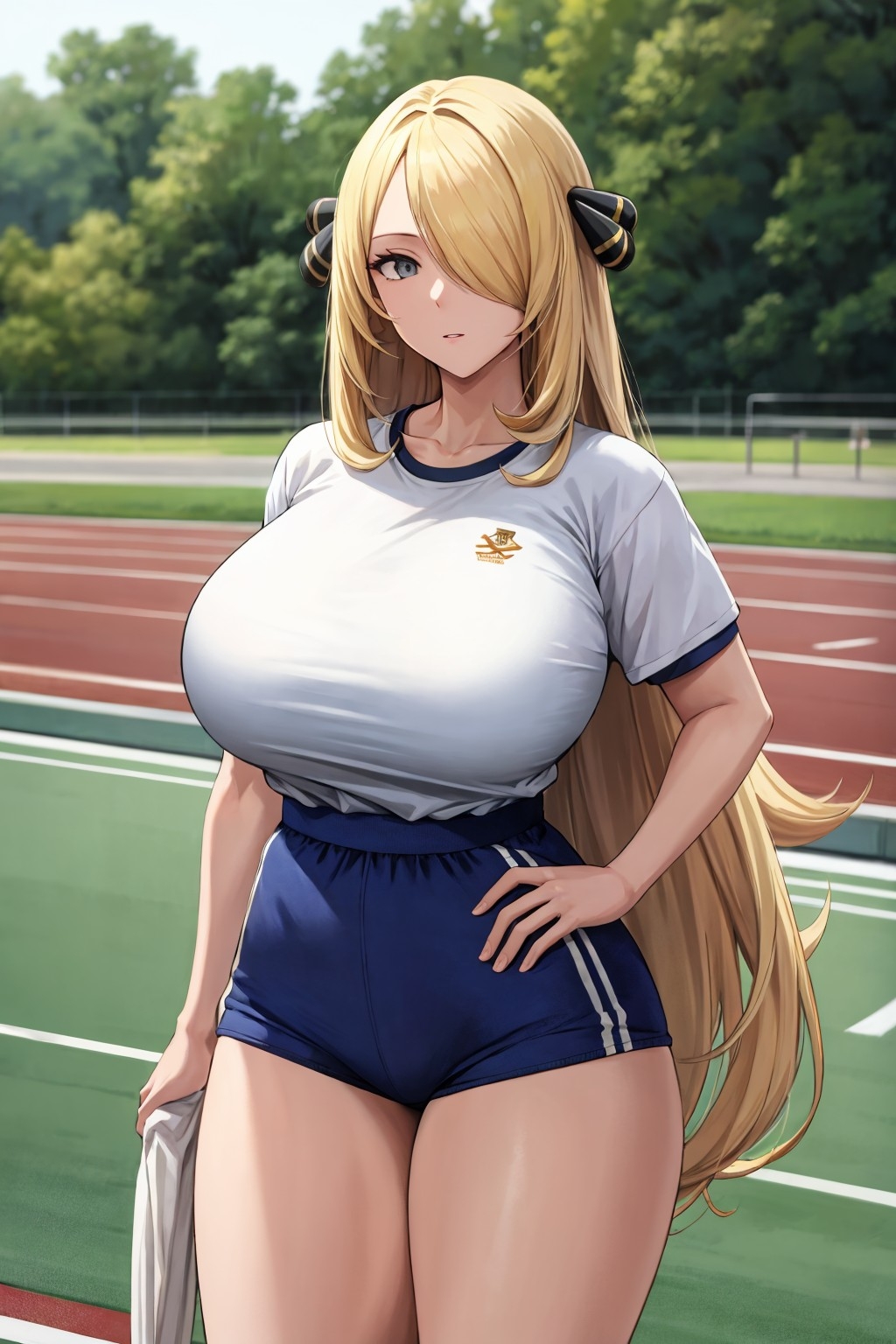 ai generated, big breasts, blonde, blonde female, blonde hair, blonde-haired female, breasts, cynthia (pokemon), female, milf, nintendo, pokemon, pokemon champion, thick thighs