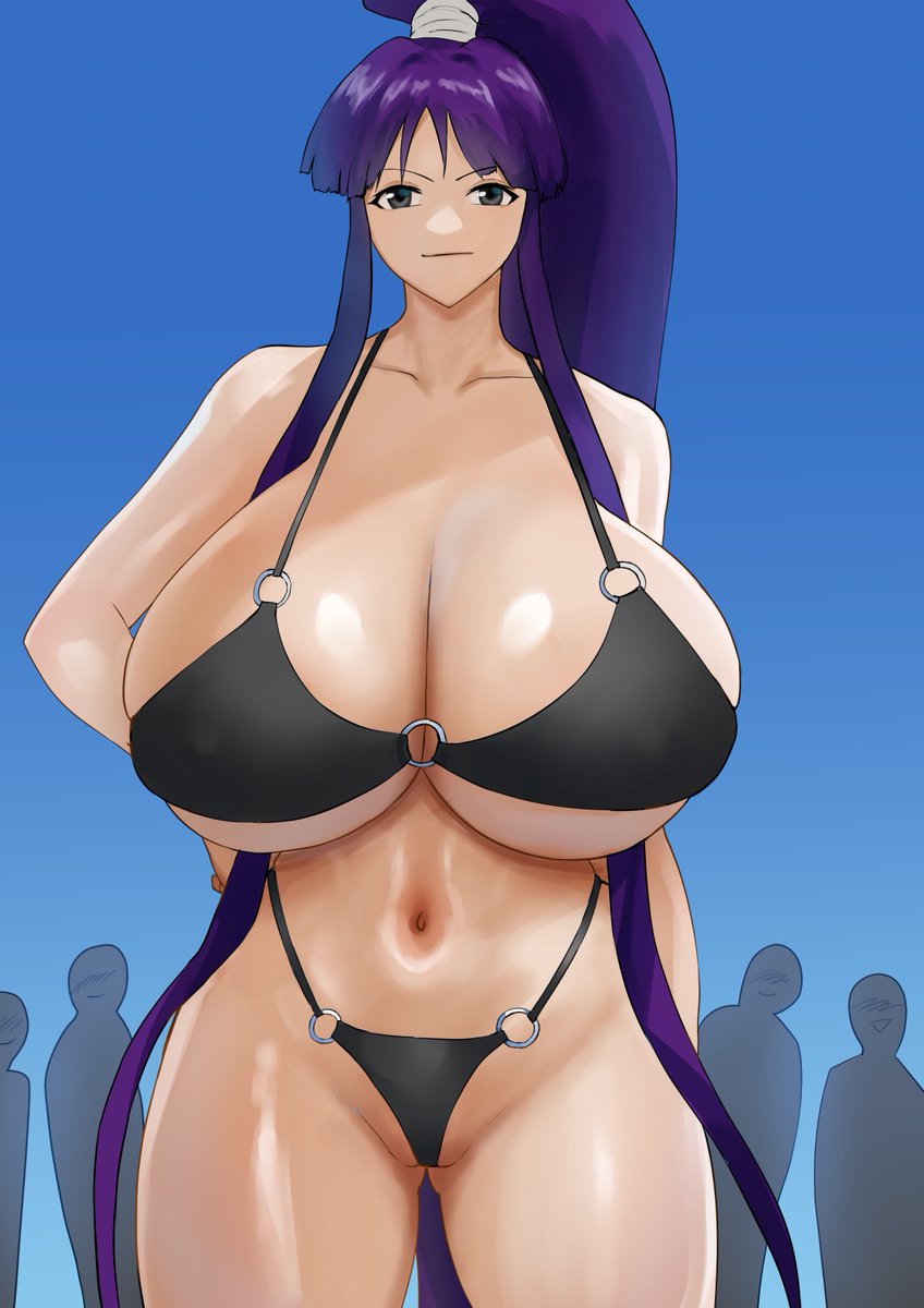 bikini black_bikini blush breasts cleavage crowd eiken female furaido_potato gluteal_fold grey_eyes hand_on_own_hip huge_breasts kirika_misono misono_kirika navel o-ring o-ring_bikini o-ring_bottom o-ring_top ponytail purple_hair shiny_skin sidetail silhouette skindentation swimsuit thick_thighs thighs