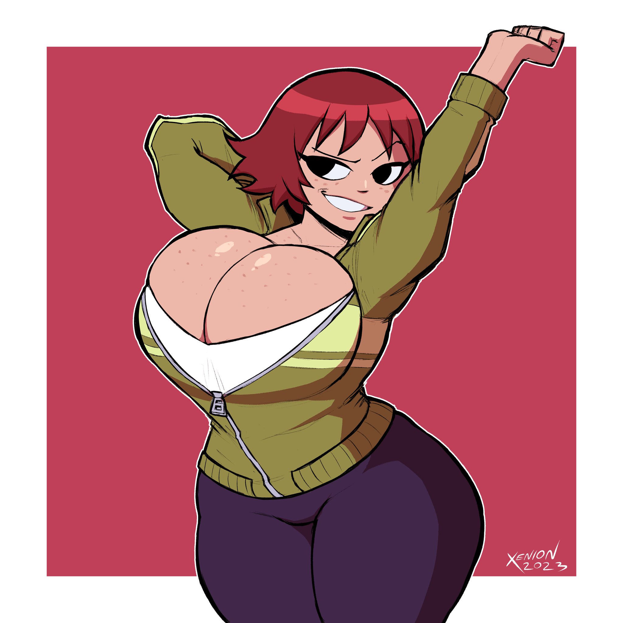 1girls, 2d (artwork), about to burst, armpits, ass, barely contained, barely contained breasts, barely fits, big ass, big breasts, big thighs, breasts, breasts too big, bursting breasts, female, female only, huge ass, huge breasts, huge thighs, imminent wardrobe malfunction, kim pine, scott pilgrim, scott pilgrim takes off, smug face, strained zipper, straining clothing, thick hips, thick thighs, thighs, tight fit, too tight, undersized clothes, undersized clothing, xenion