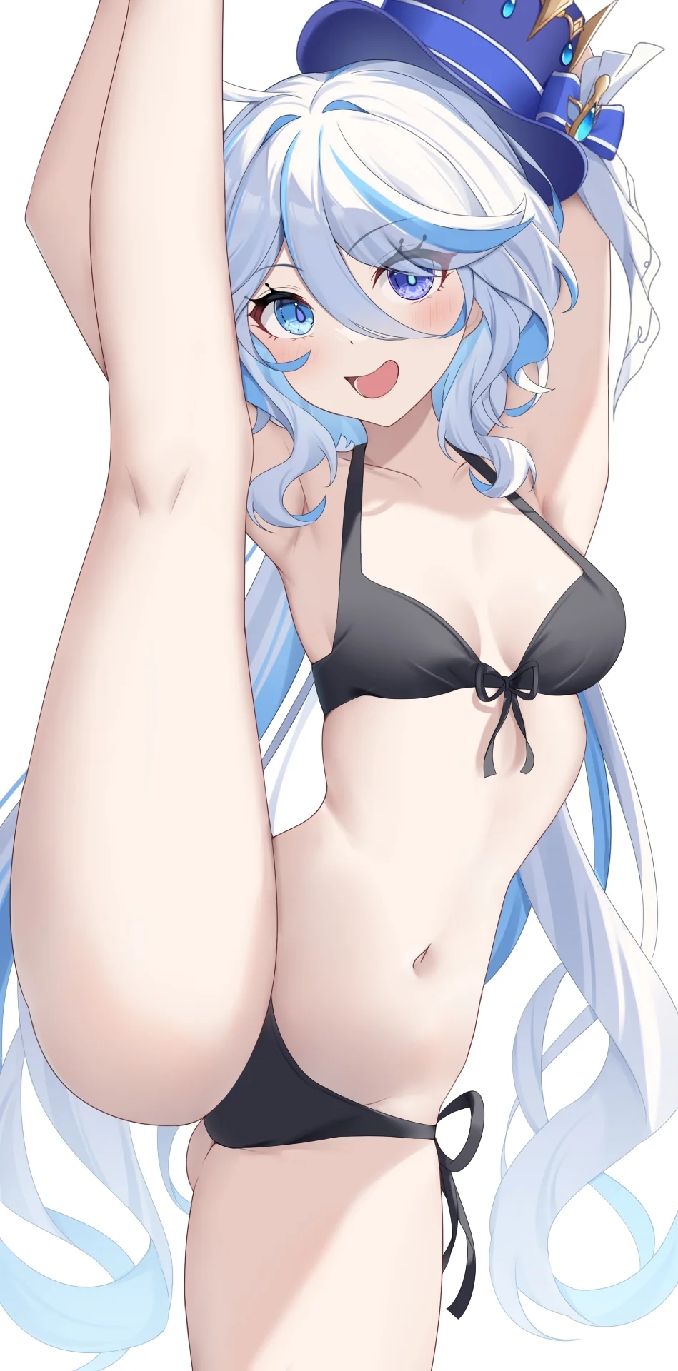 artist request, bikini, female, female only, furina (genshin impact), genshin impact, hoyoverse, leg grab, leg up, smile, solo female