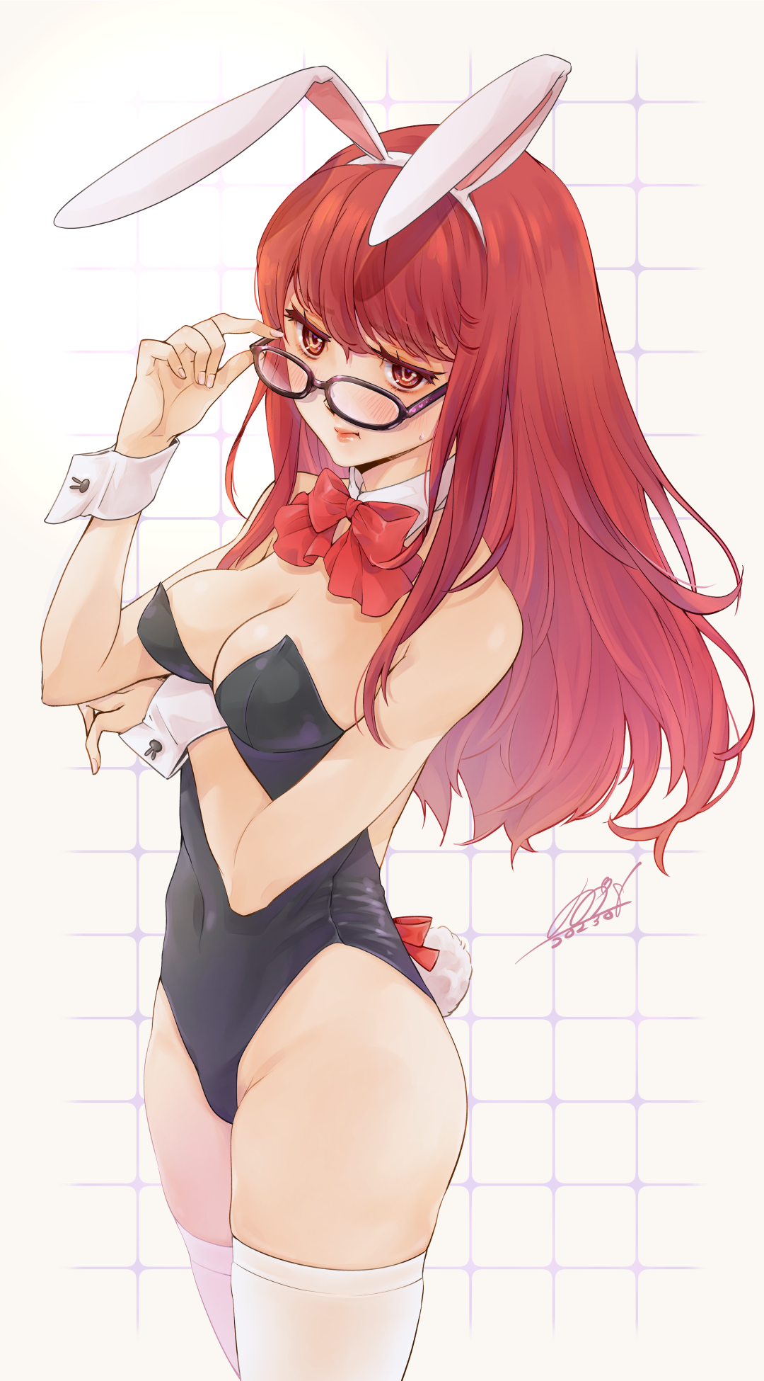 bowtie, bowtie collar, bunny ears, bunnysuit, collar, cuffs, female, female only, glasses, kasumi yoshizawa, legs, looking at viewer, looking over eyewear, looking over glasses, nono meke, persona, persona 5, persona 5 royal, red eyes, red hair, ribbon, shin megami tensei, signature, solo, solo female, sumire yoshizawa