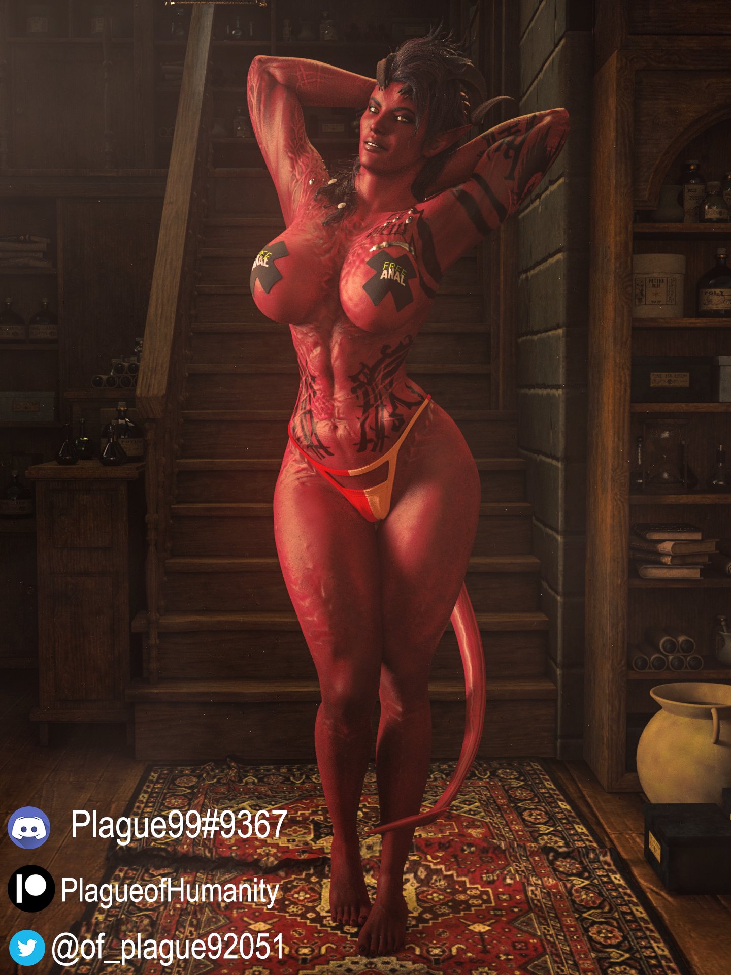 1girls, 3d, 3d (artwork), 3d model, abs, ass, athletic, athletic female, baldur's gate, baldur's gate 3, big ass, big breasts, breasts, completely naked, completely nude, demon tail, dungeons and dragons, female, female only, forgotten realms, horns, huge breasts, karlach, large breasts, muscular, naked, naked female, nipple pasties, nude, nude female, plague of humanity (artist), pussy, red body, red skin, shaved crotch, shaved pussy, tail, thick, thick ass, thick thighs, thong, tiefling, x pasties
