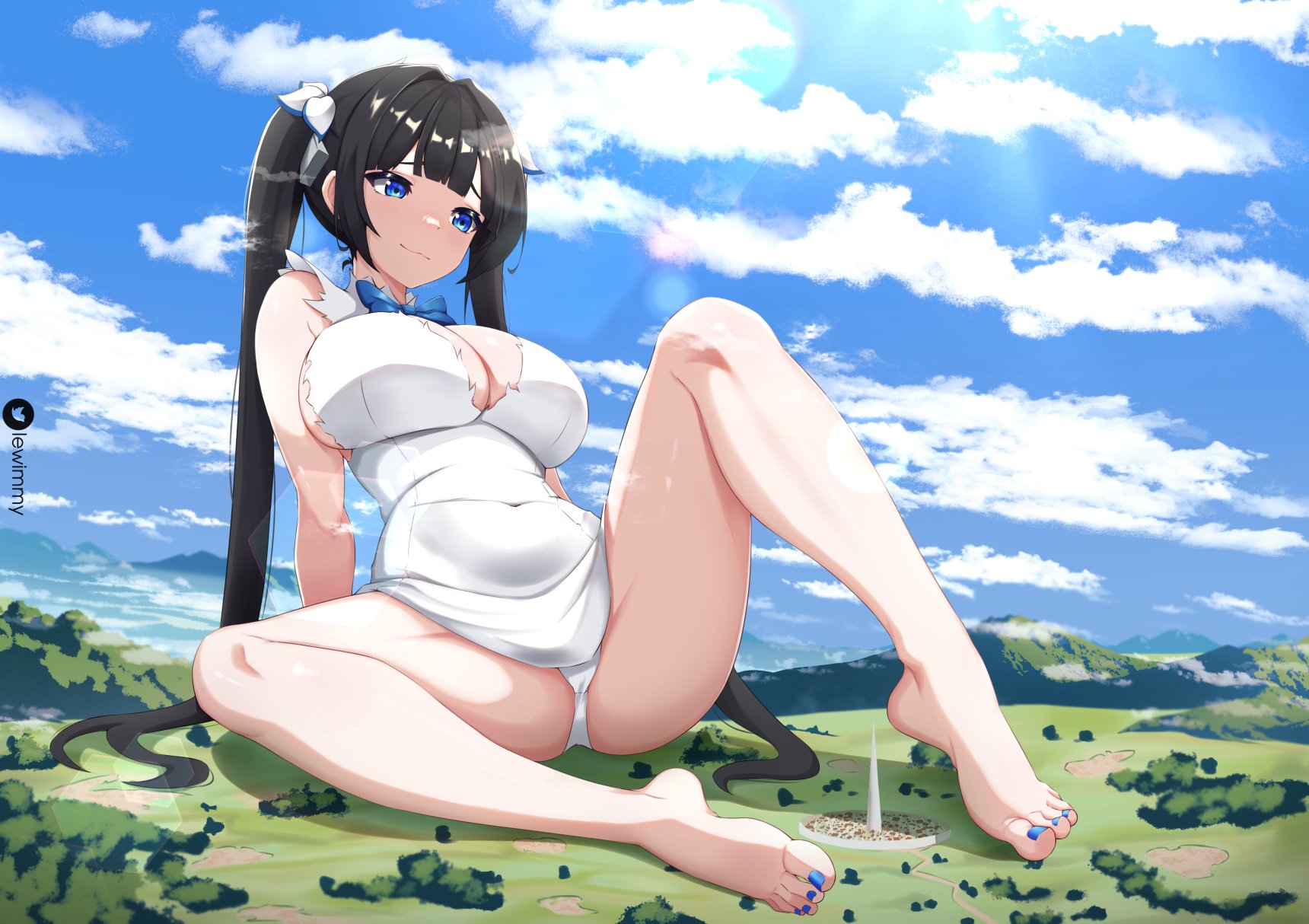 big breasts, breasts, dungeon ni deai wo motomeru no wa machigatteiru darou ka, feet, female, foot fetish, giantess, hestia (danmachi), huge breasts