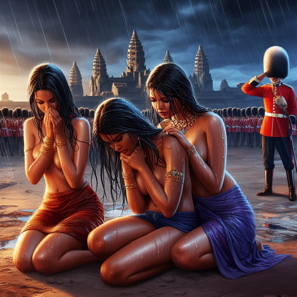 3girls ai_generated black_hair_female british british_empire brown_skinned_female colonialism conquered dall-e3 defeated enslaved historical historical_porn history india indian indian_clothes indian_female interracial jewelry multiple_boys raining saree soldiers spoils_of_war surrendering tagme