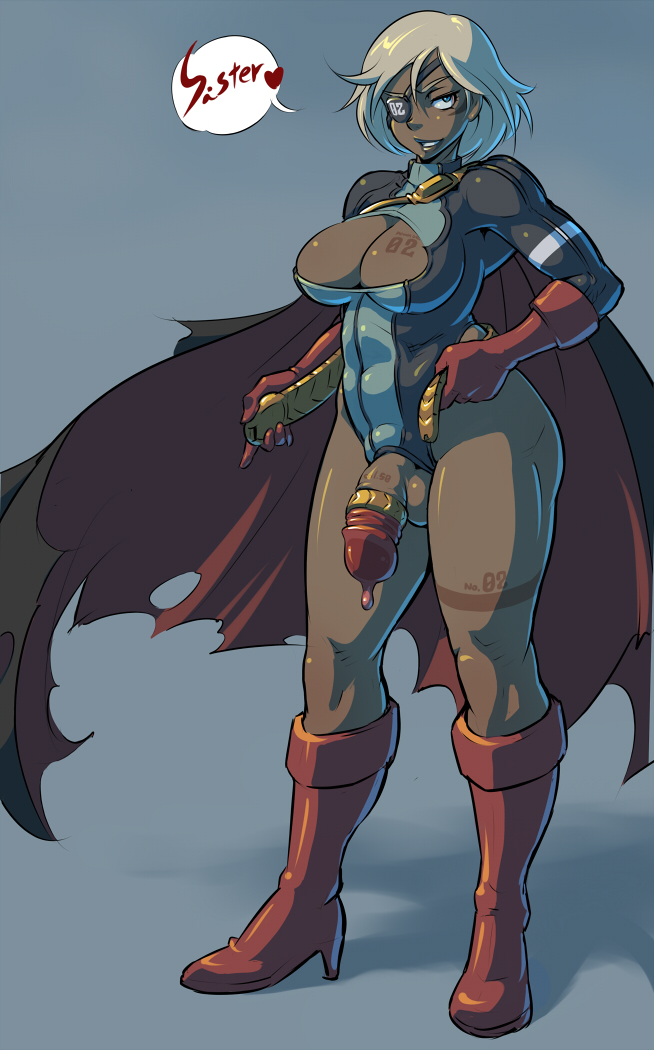 1futa, balls, belt, boots, breast tattoo, breasts, cape, cleavage, cock ring, condom, corruption, dark skin, dark-skinned futa, dc, dc comics, eye patch, female, flaccid, futa only, futanari, gloves, grey hair, intersex, kara zor-l, karen starr, leg tattoo, mikoyan, penis, penis tattoo, plump, power girl, skin tight, smile, solo, solo futa, superhero, superman (series), tattoo, testicles