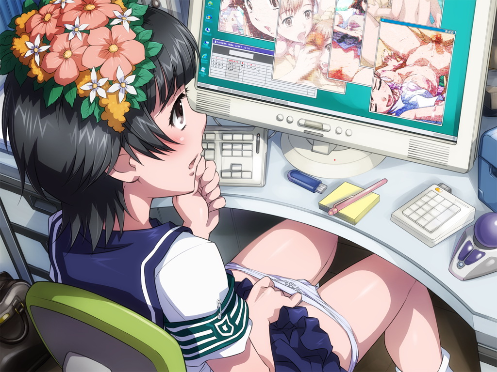 background, black hair, blush, chair, clothed masturbation, clothing, computer, detailed background, female, female masturbation, fingering, fingering pussy, fingering self, flower, flower in hair, hair, high-angle view, masturbation, on chair, panties, panties down, panty pull, pussy, sameha ikuya, school uniform, schoolgirl, self fondle, short hair, short sleeves, short-haired female, sitting, skirt, solo, student, to aru kagaku no railgun, to aru majutsu no index, uiharu kazari, underwear, uniform, watching porn