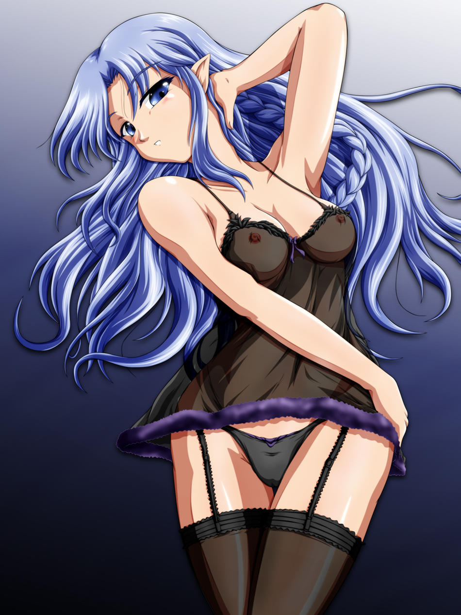 1girls artist_request black_legwear black_panties blue_eyebrows blue_eyes blue_hair breasts caster_(fate/stay_night) fate/stay_night fate_(series) garter_belt highres lingerie medea_(fate) negligee nipples no_bra panties pointy_ears see-through see-through_lingerie stockings tagme thighhighs type-moon underwear