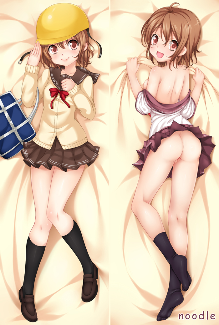 ass back blush brown_hair cute_fang dakimakura denpa_onna_to_seishun_otoko feet footwear helmet mifune_ryuuko no_panties open_mouth pointy_chin pussy school_uniform skirt smile socks uncensored undressing