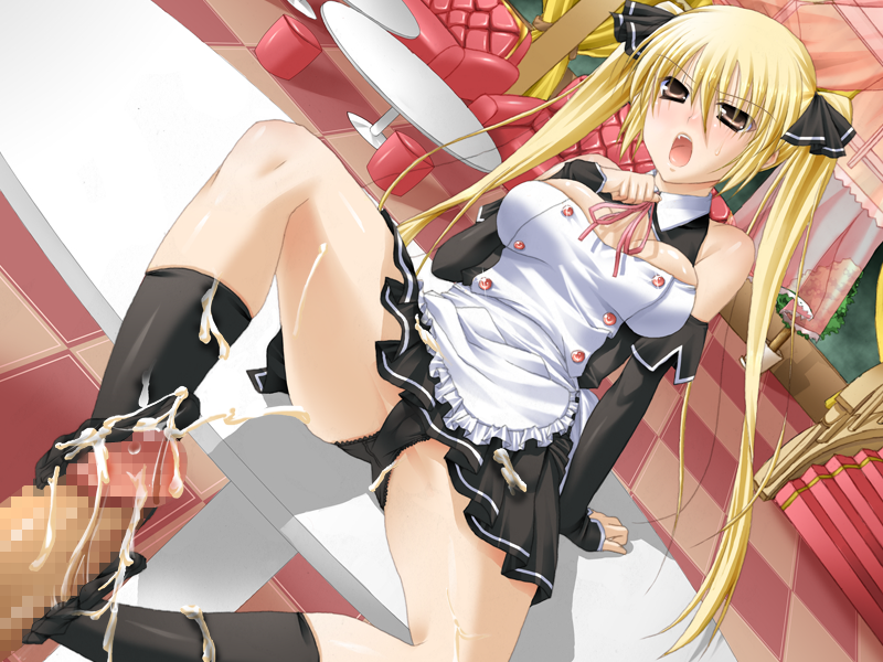 artist_request big_breasts black_panties black_socks blonde_hair blush breasts cameltoe censored cleavage clothed_female cum cum_on_socks cumshot ejaculation feet female footjob footjob_with_legwear footwear large_breasts long_hair maid maid_uniform male mian_(dream_c_club) mosaic_censoring open_mouth panties penis sitting skirt sockjob socks source_request sweat thighs toes tongue twintails